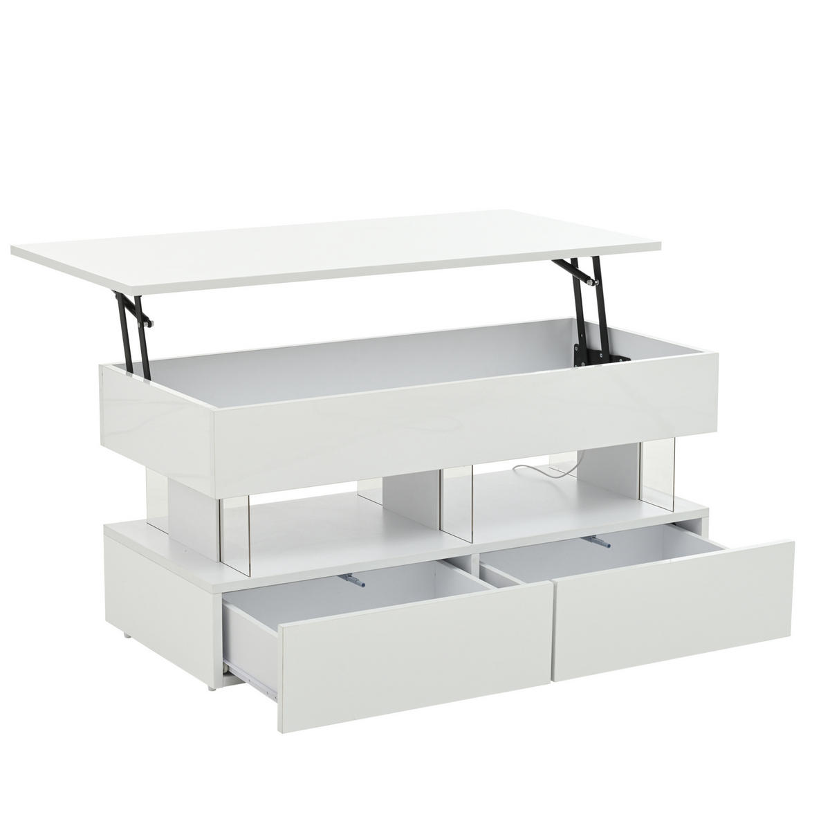 COUCHTISCH aus MDF und Acryl 100x50x46 cm Weiß mit hydraulischer Hubfunktion, 2 Schubladen, LED und verstecktem Stauraum - Weiß, Holzwerkstoff (120/50/46cm) - Modfu