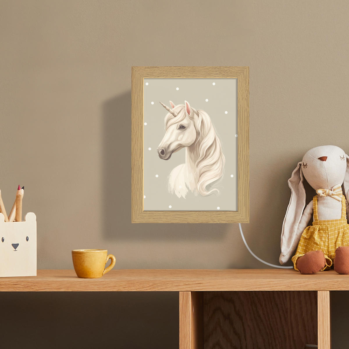 NÁSTĚNNÁ LAMPA Jednorožec - bílý - tečky 15x20 cm - šedohnědá, kompozitní dřevo (15/20/8cm) - OnlyWow