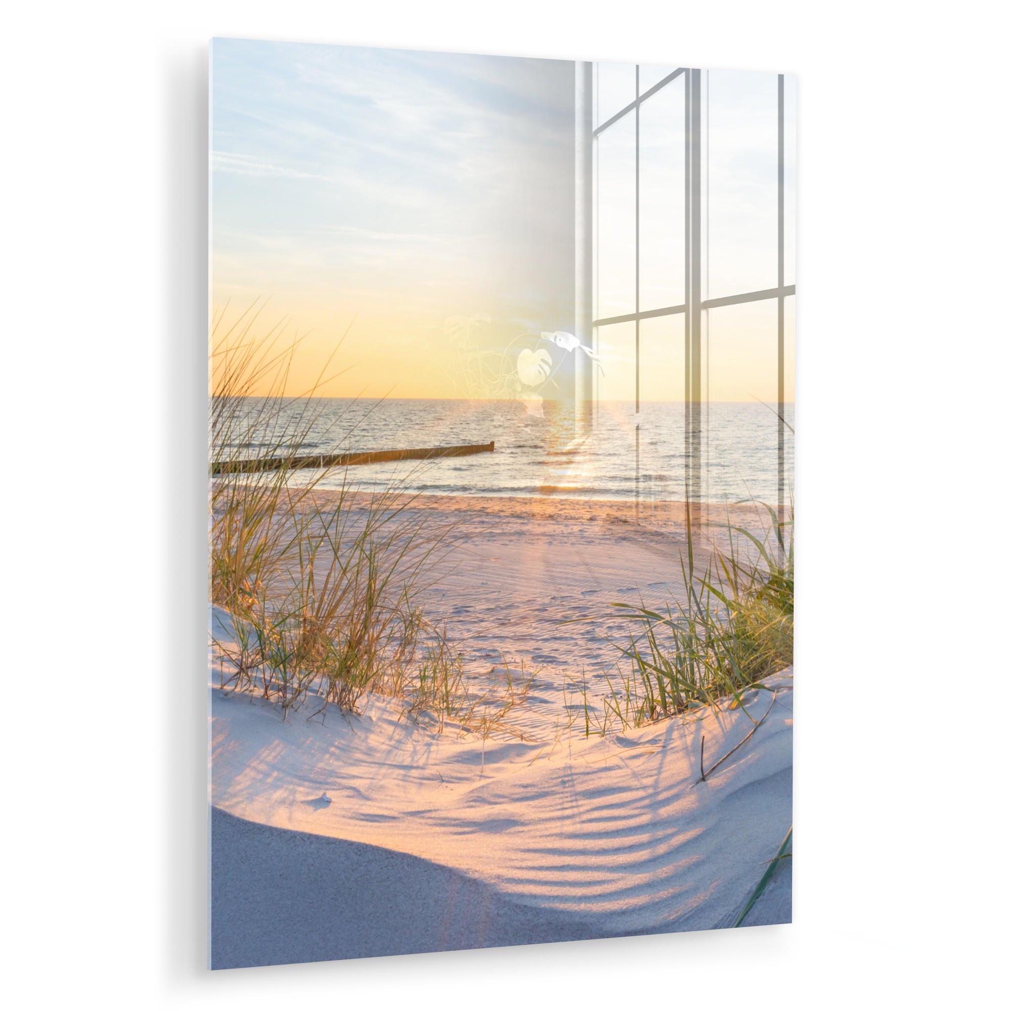 ACRYLGLASBILD Strand - Sonne - Düne - Gras - Sand - Horizont 60x80 cm - Hellblau, Glas (60/80cm) - MuchoWow