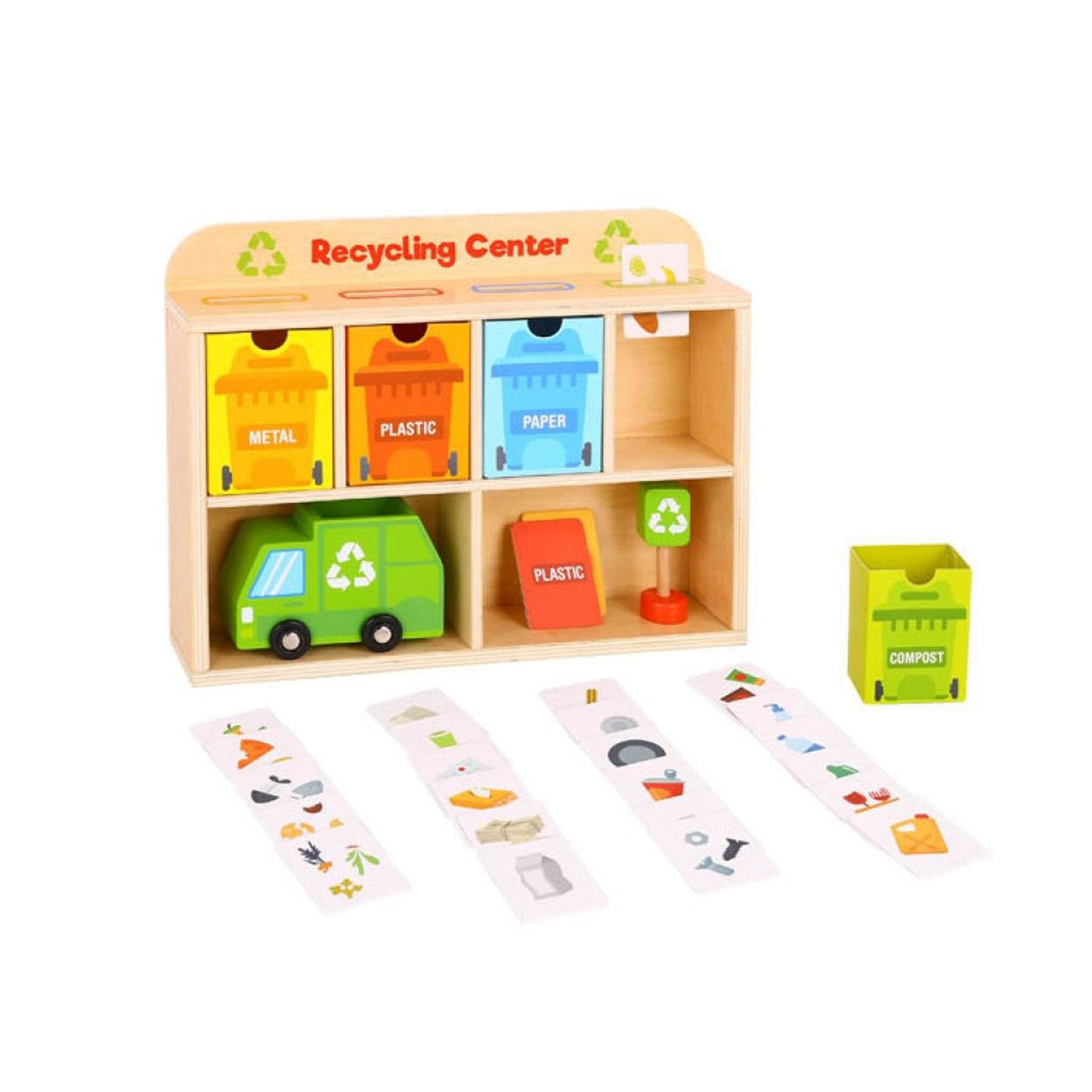 SPIELZEUG Recycling Center TY635A orange Holz, Recyclinghof, Müllauto, 4 Mülleimer, Bildkarten, Sortierspiel - Orange, Holz (6/30cm) - Tooky Toy