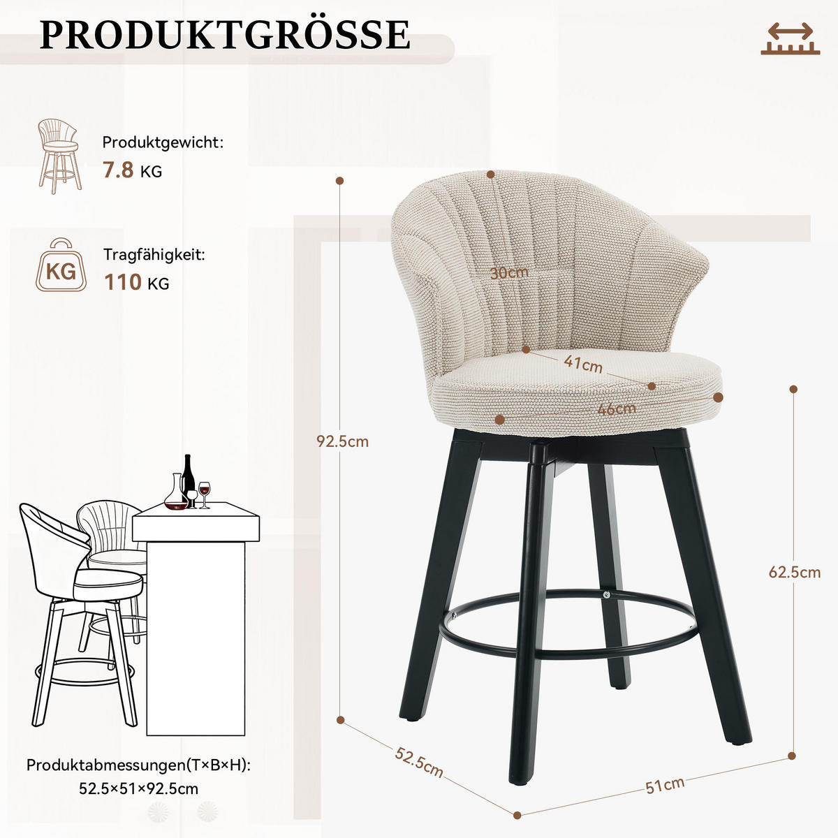 BARHOCKER drehbar mit Rückenlehne 51 x 52,5 x 92,5 cm Beige - Beige, Metall (51/92.5/52.5cm) - Meubliv
