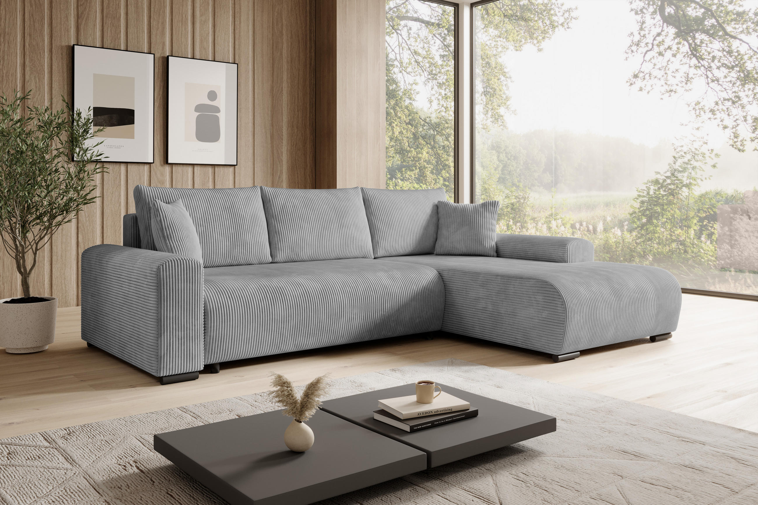 ECKSOFA Nelly mit Bettkasten und Schlaffunktion, Cordstoff in L-Form - Grau, Textil (270/185cm)