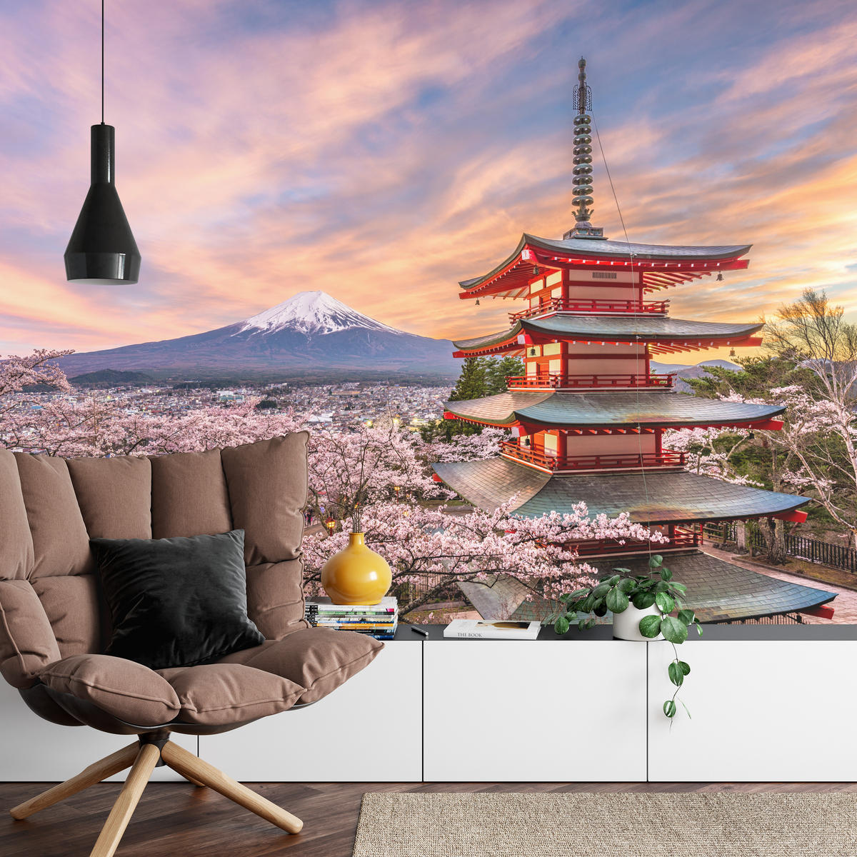 FOTOTAPETE für Wohnzimmer Japanische Pagode Frühling Sonnenuntergang 150x105 - Rot/Violett, Papier (150/105cm) - Muralo