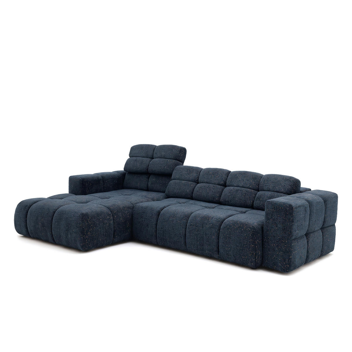 ECKSOFA TENDER Links mit Schlaffunktion und Verstellbare Kopfstützen, Chenille dunkelblau - Schwarz/Dunkelblau, Holz/Kunststoff (315/176cm) - Muffo
