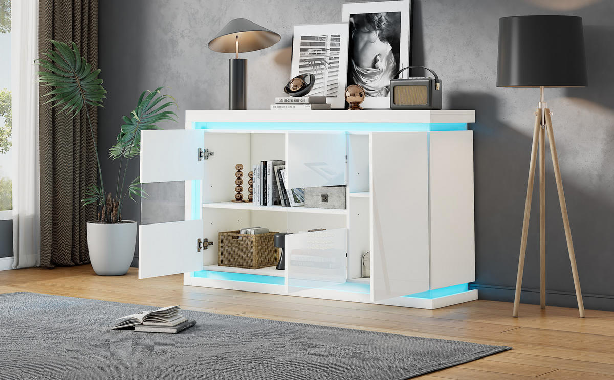 SIDEBOARD 140/40/84 cm, weißer Hochglanz-Vorderteil, 3 Türen mit 2 Gehärtet-Glas-Fronten und fernbedienbarer LED-Beleuchtung, Weiß - Weiß, Holzwerkstoff (140/84/40cm) - Redom