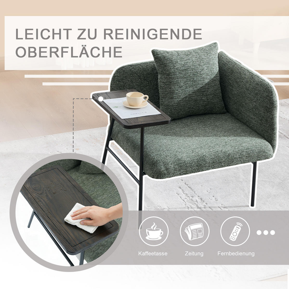 SESSEL Chenille Smaragdgrün mit Beistelltisch und Seitentaschen - Grün, Textil/Metall (86/71/72cm) - WISHDOR