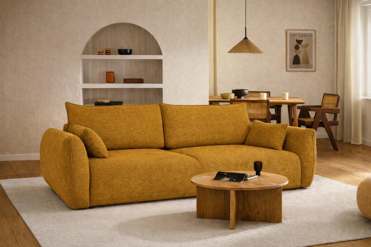 SOFA Mit Schlaffunktion Und Bettkasten, Chenille-Stoff Flow, Gelb, Zephira - Gelb, Holz (238/87/140cm) - Kaiser Möbel