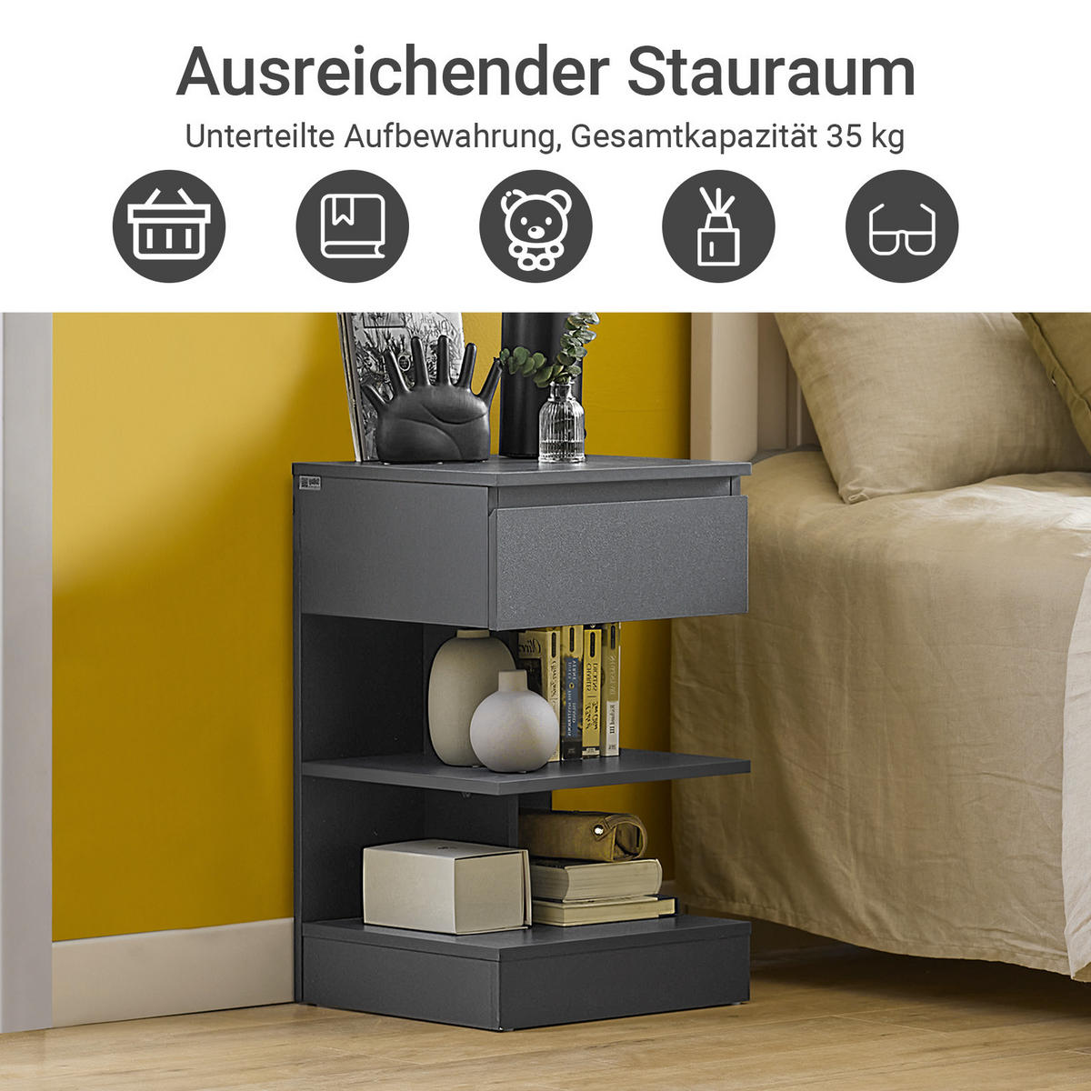 NACHTTISCH 2er Set, Beistelltisch Grau 39x39x65 cm - Grau, Holzwerkstoff (39/65/39cm) - SoBuy