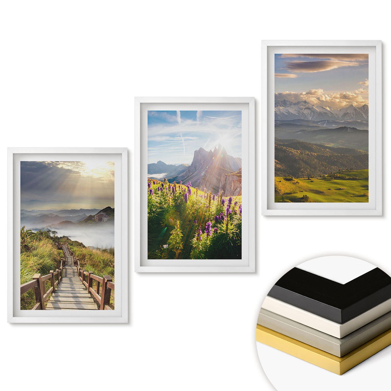 WANDBILDER 3er-Set - 40x60 cm Weißer Rahmen - Berglandschaft mit Blumen - Weiß, Kunststoff (40/60cm) - ArtPrintCave