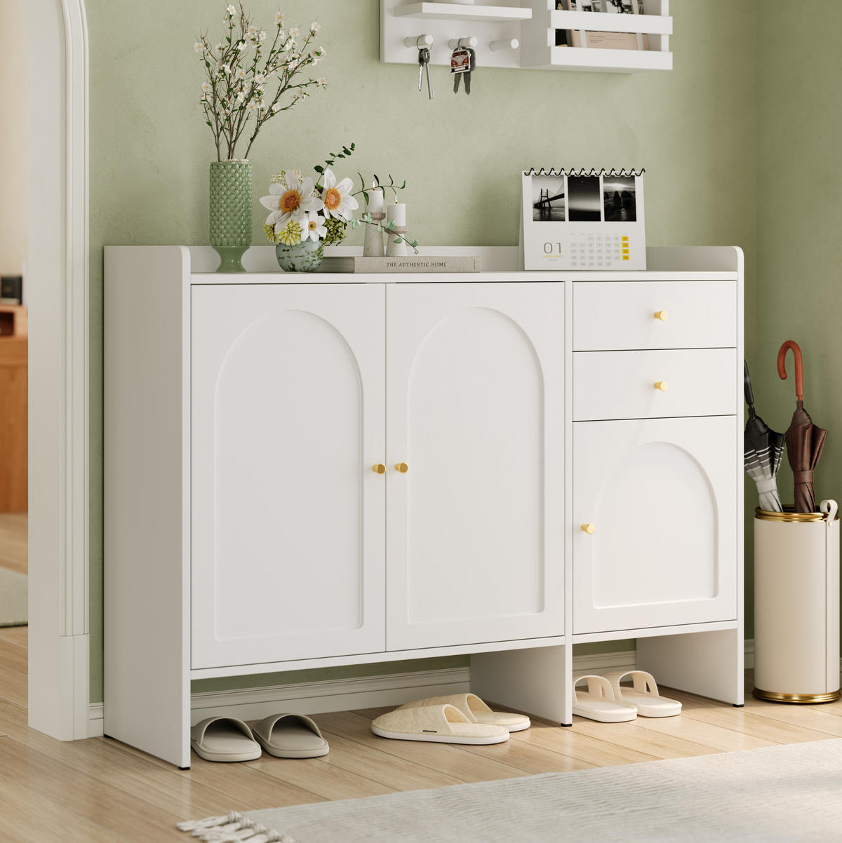 SCHUHSCHRANK 120/35/90 cm aus MDF und Spanplatte mit 3 Türen, 2 Schubladen und Kippschutz, Weiß - Weiß, Holzwerkstoff (120/90/35cm) - Redom