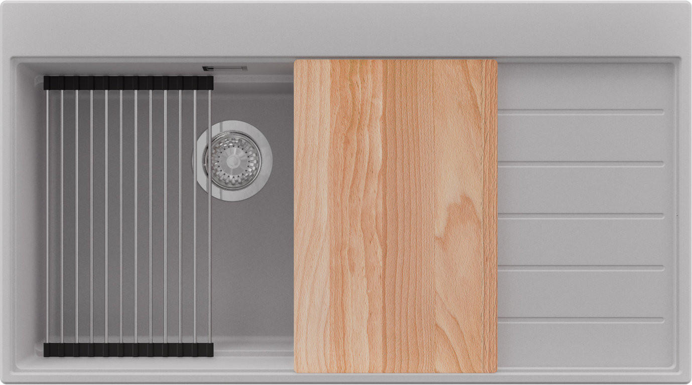 SPÜLBECKEN Sydney, 2-er set Grau 90/50 cm 1 Becken + Ablauf-Set + Küchenzubehörset ab 60er Unterschrank - Chromfarben/Beige, Kunststoff (90/20/50cm) - Primagran