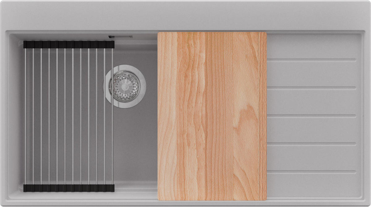 SPÜLBECKEN Sydney, 2-er set Grau 90/50 cm 1 Becken + Ablauf-Set + Küchenzubehörset ab 60er Unterschrank - Chromfarben/Beige, Kunststoff (90/20/50cm) - Primagran