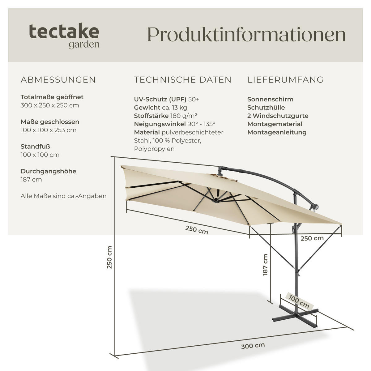 SONNENSCHIRM Apollon, inkl. Windsicherung und Schutzhülle, beige - Beige, Kunststoff (250/300cm) - tectake