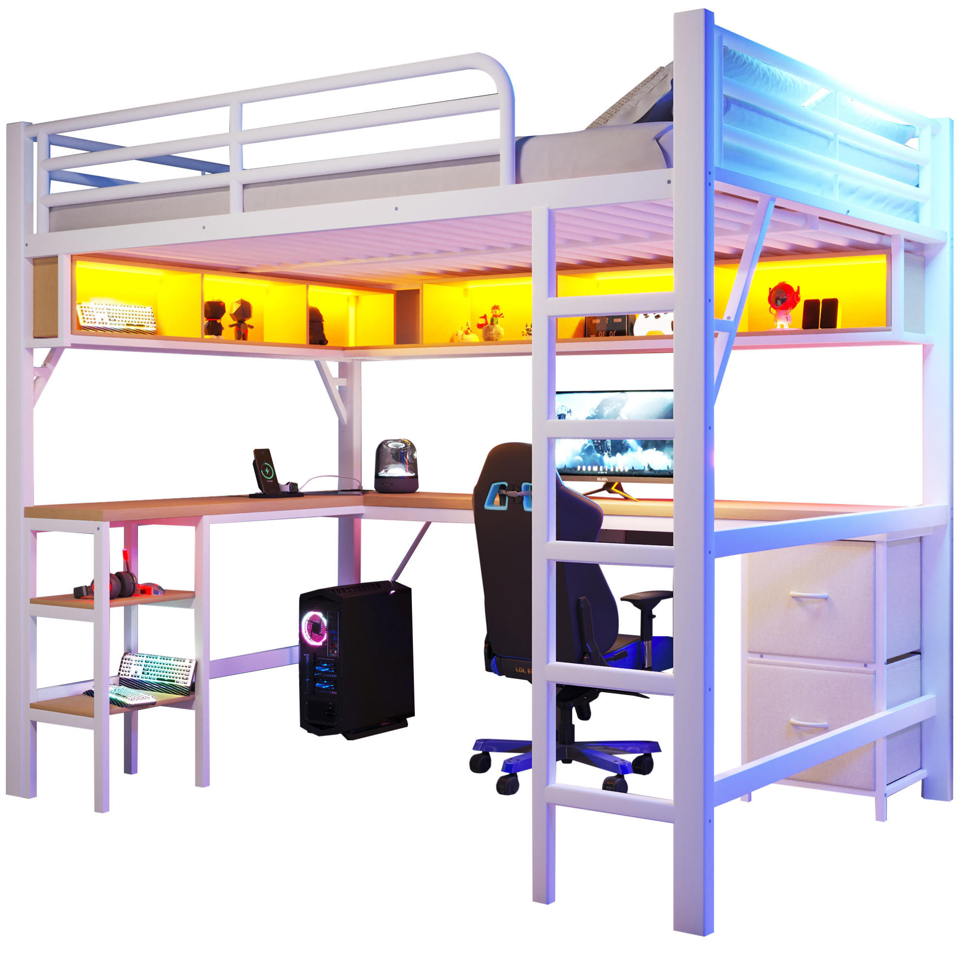 HOCHBETT 140/200 cm aus Metall und MDF mit Schreibtisch LED und USB Weiß - Weiß, Holzwerkstoff (140/200cm) - Modenvie