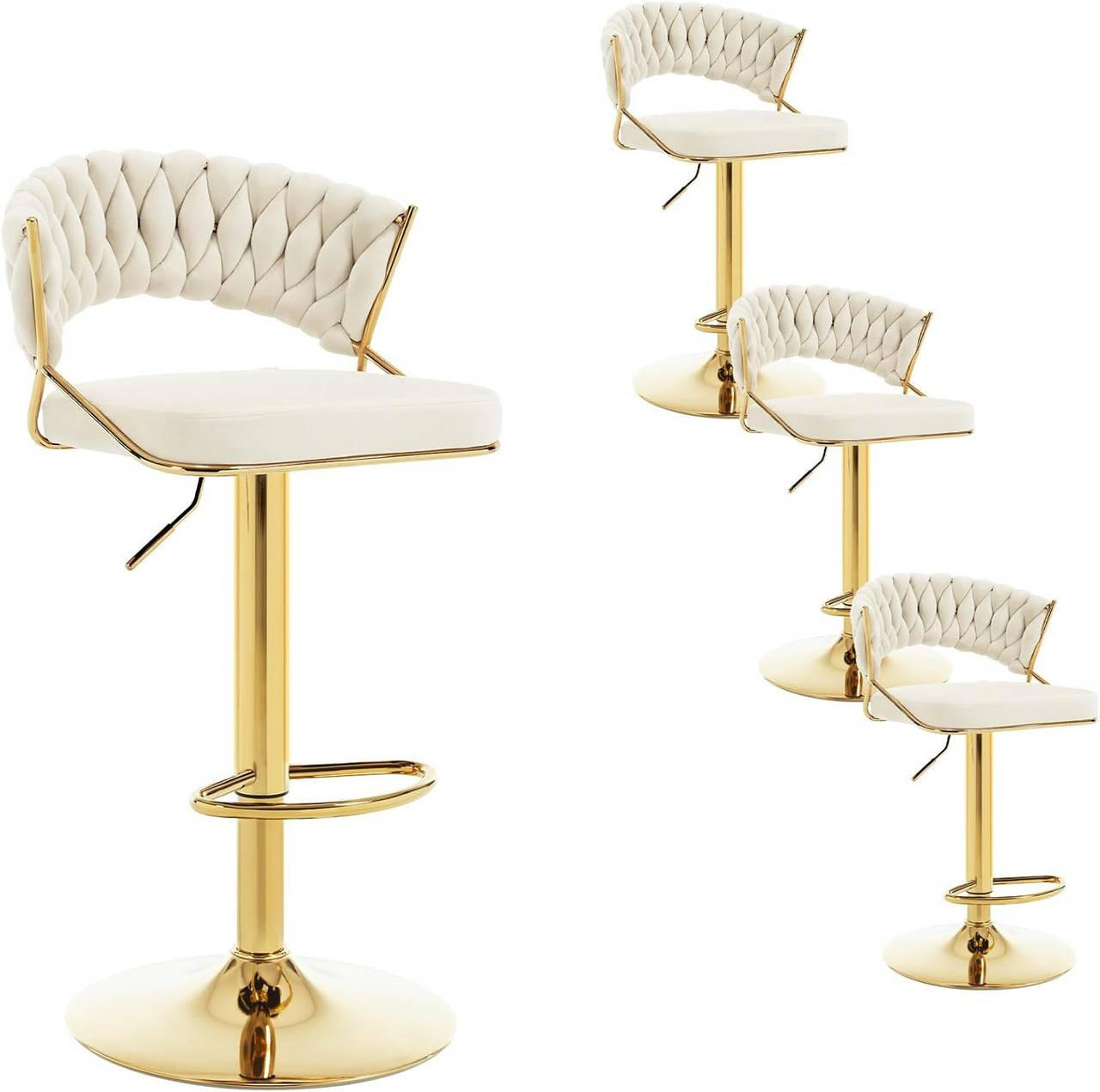BARHOCKER 4er Set, mit geflochtener Rückenlehne, Samt, Creme - Goldfarben/Creme, Textil/Metall (48/83/46.5cm) - Woltu