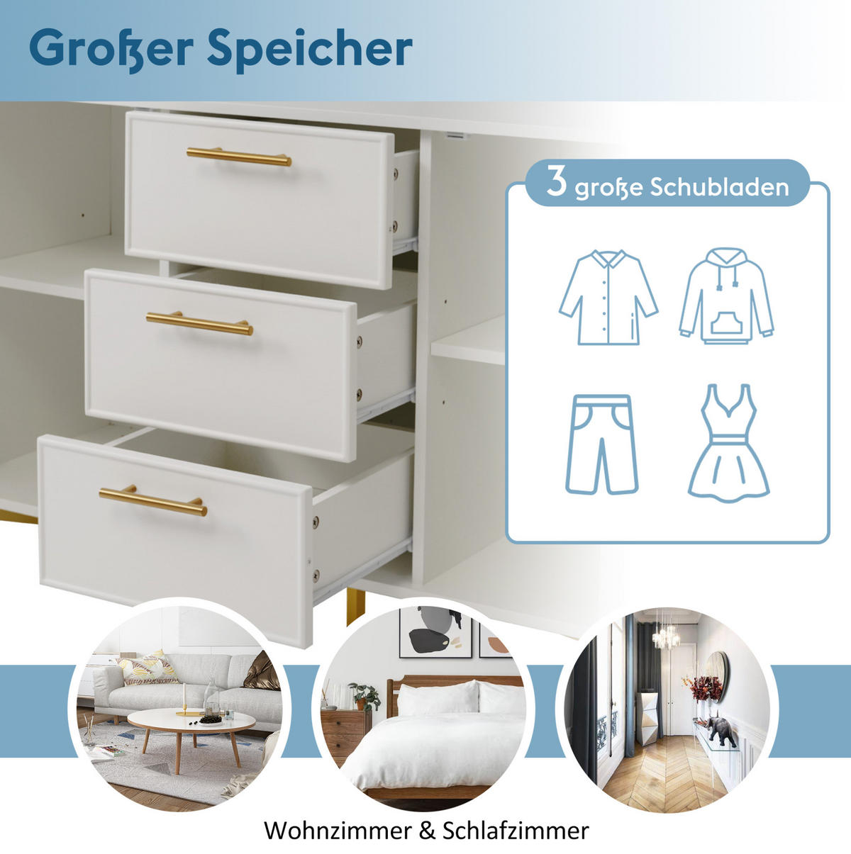 KOMMODE 120/40/75 cm mit 3 Schubladen, 2 Türen und Metallfüßen - Weiß, Holzwerkstoff (120/40/75cm) - BEAOK