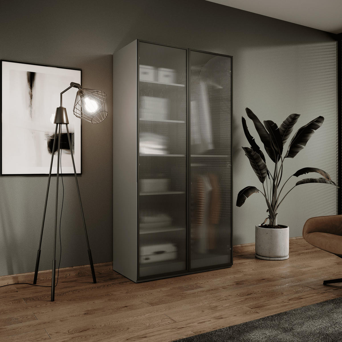 KLEIDERSCHRANK ZEN (Modular, Grau Matt, Geriffeltes Glas Flutes, 2-türig) - Schwarz/Grau, Holz/Holzwerkstoff (101/200/51cm) - Ravio