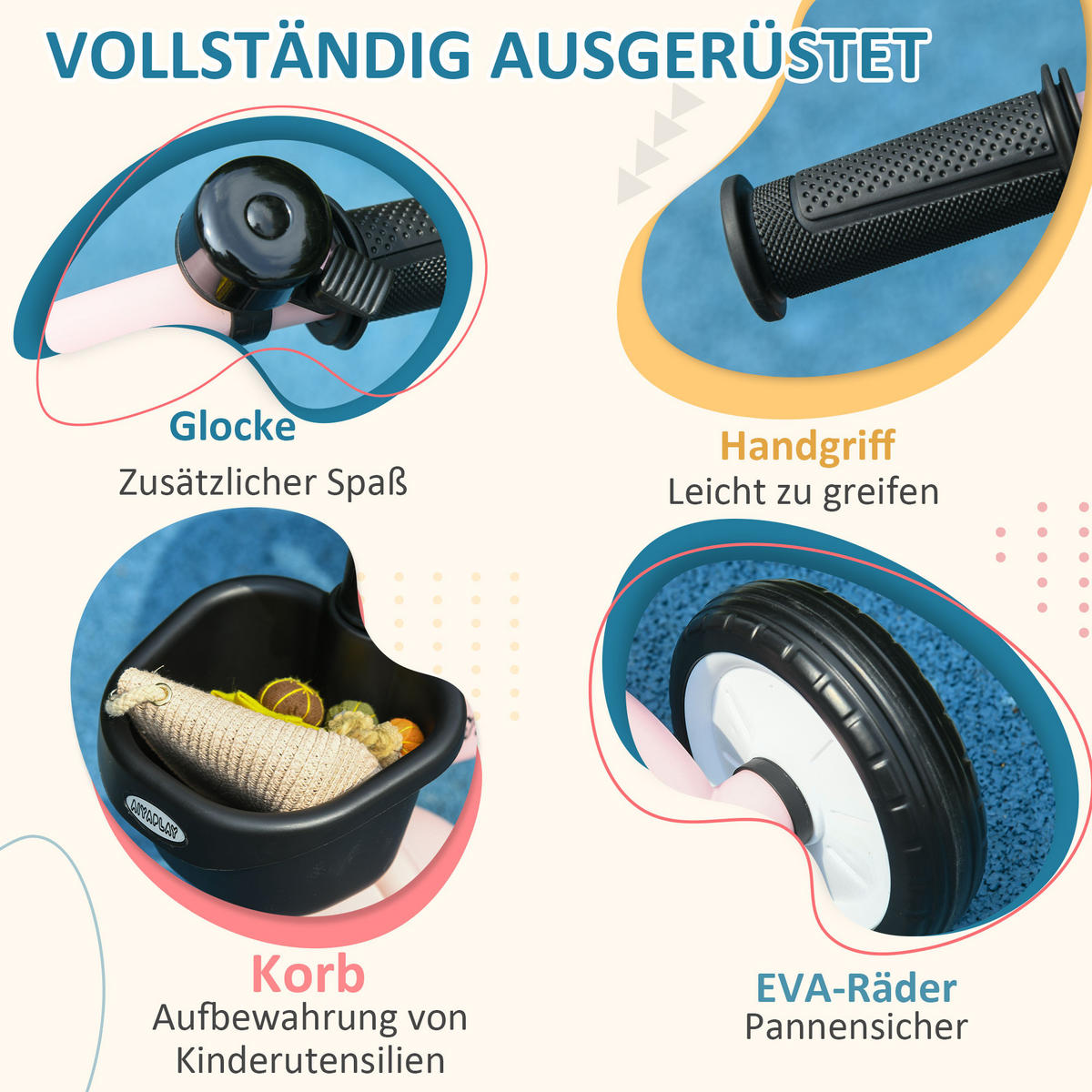 KINDERDREIRAD, Blau/Weiß/Roa, Metall+ EVA - Rosa, Metall (70.5/53/58cm) - AIYAPLAY