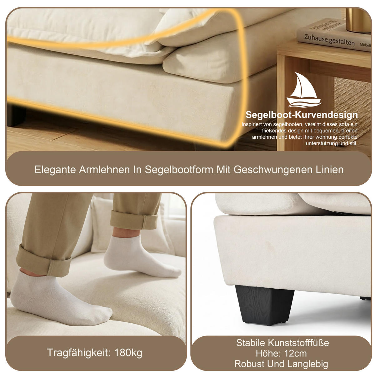 ECKSOFA 194/151/90 cm Beige aus Chenille mit Ottomanen und 2 Kissen - Beige, Textil (151/194cm) - OKWISH