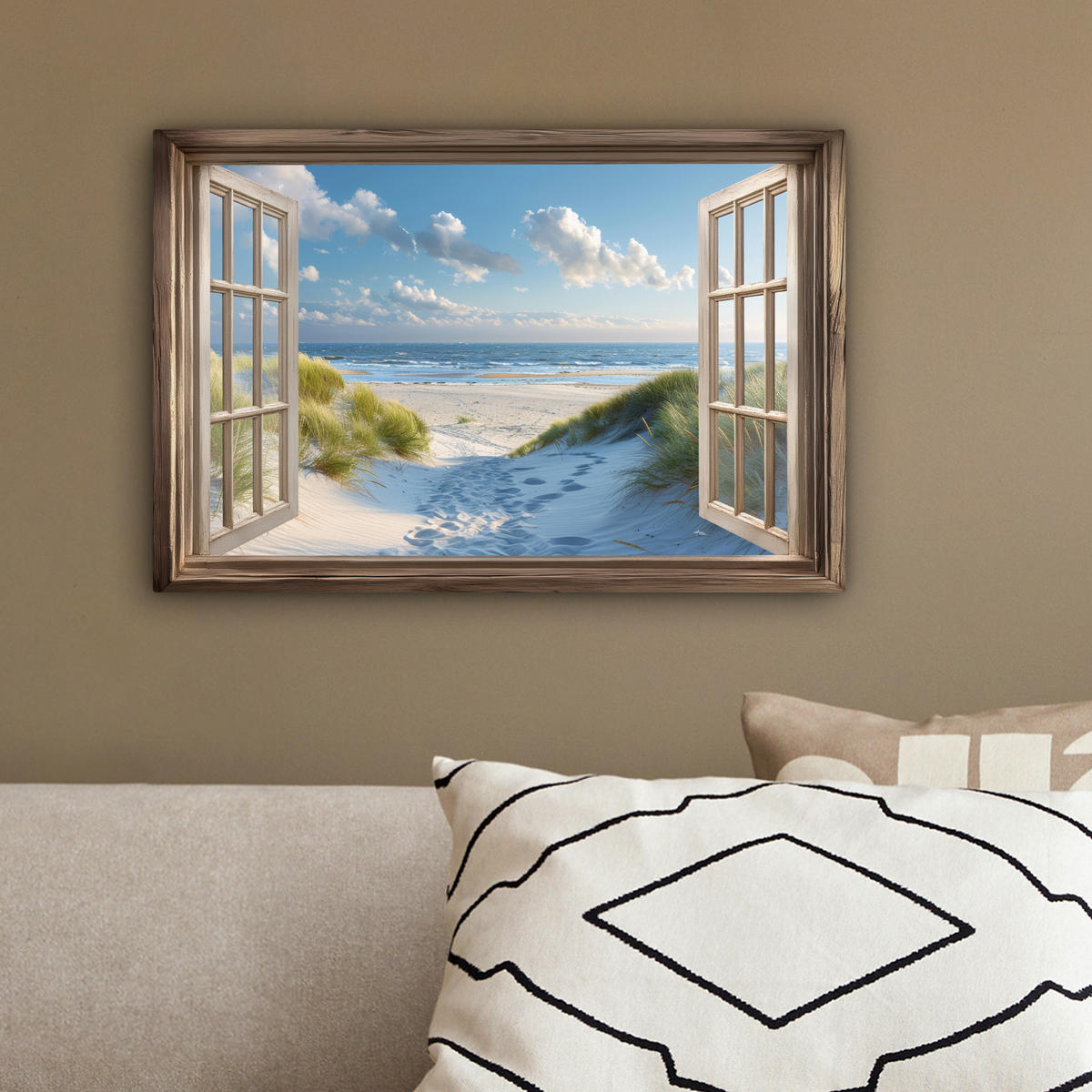 LEINWANDBILD Aussicht - Strand - Fenster - Dünen - Meer 30x20 cm - Hellblau, Textil (30/20cm) - MuchoWow