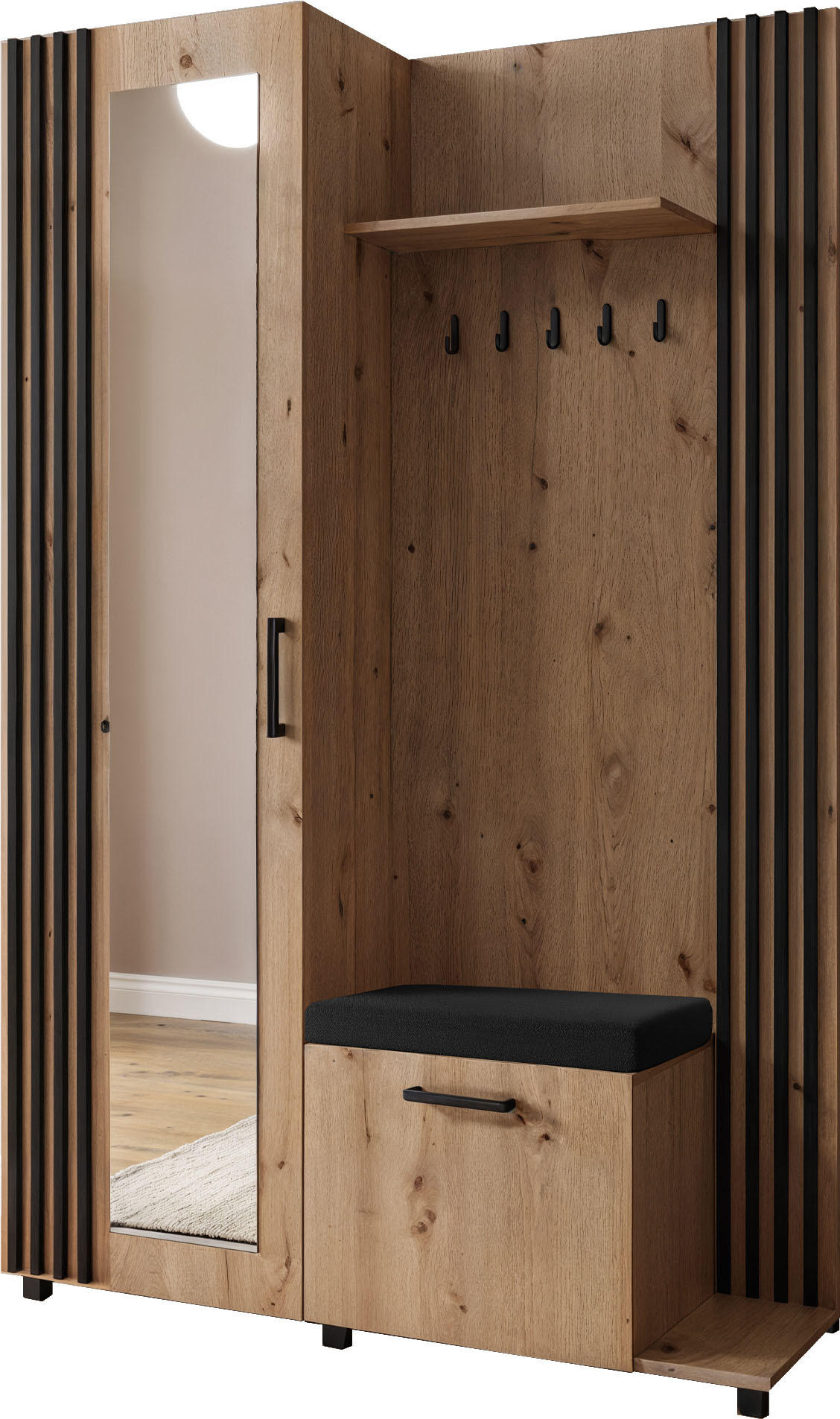 GARDEROBE Linaro mit Spiegel, Sitzbank in Lamellen-Optik 137/207/42 cm, Rechts - Schwarz/Braun, Holzwerkstoff (137/207/42cm) - WFL GROUP