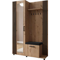 GARDEROBE Linaro mit Spiegel, Sitzbank in Lamellen-Optik 137/207/42 cm, Rechts - Schwarz/Braun, Holzwerkstoff (137/207/42cm) - WFL GROUP