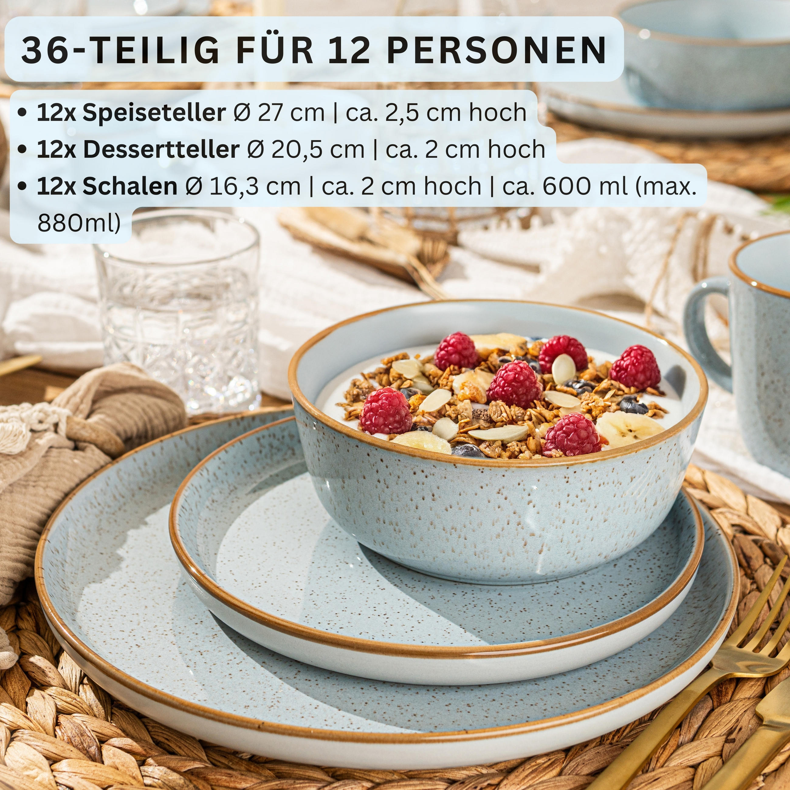 TAFELSERVICE RIO LAGUNE - 36 teilig aus Steingut 12 Personen - Blau, Stein (50/30/80cm) - Sänger