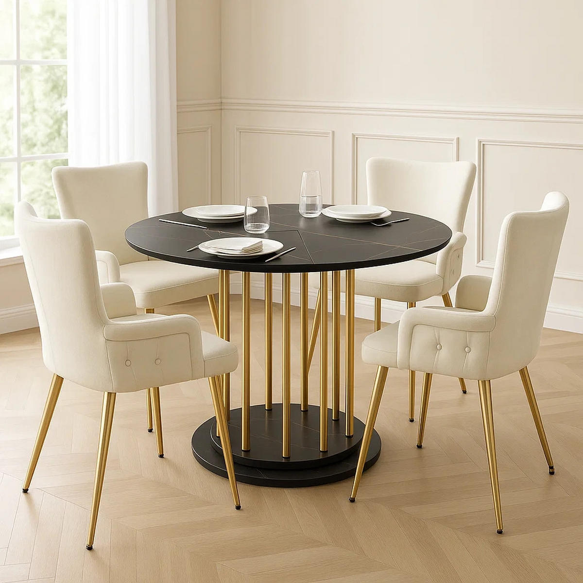 ESSTISCH SET mit 4 Stühlen, Schwarze Marmoroptik und Goldenes Gestell - Beige, Holzwerkstoff/Textil (110/74.6/110cm) - Urban Meuble
