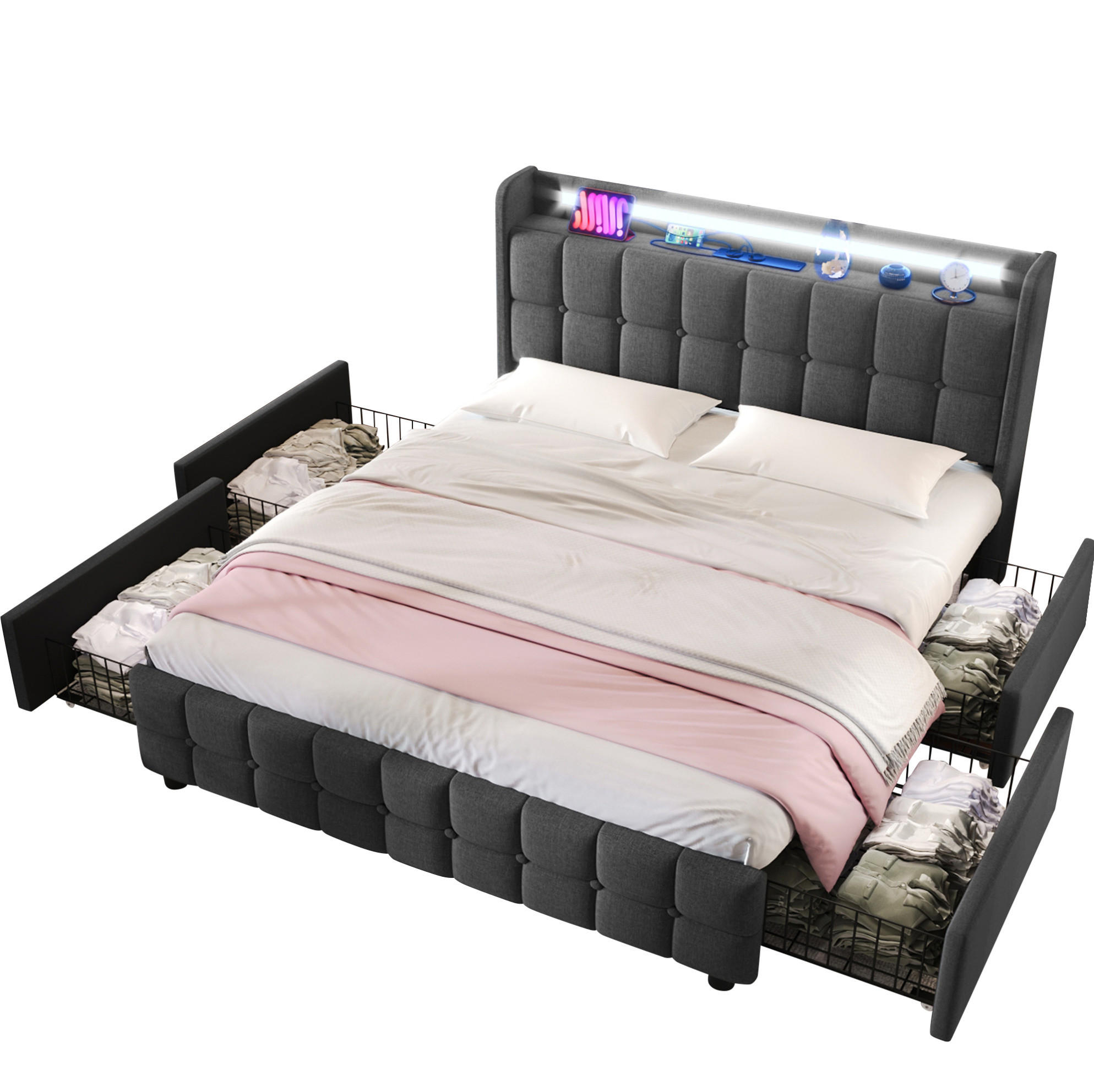 Modfu ČALOUNĚNÁ postel z dřeva a lněné tkaniny 180x200 cm šedá s LED, USB, zásuvkami a 4 úložnými zásuvkami