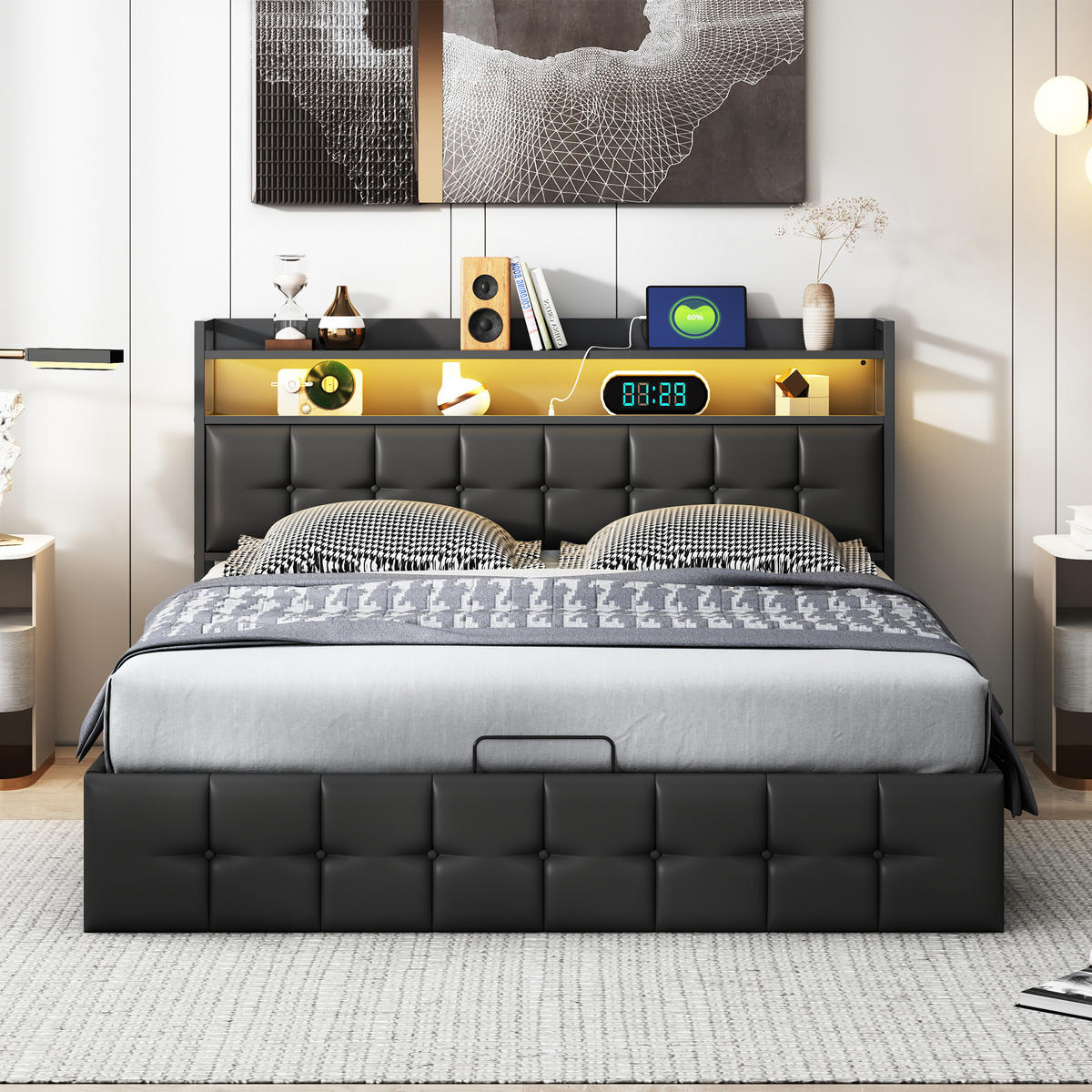 POLSTERBETT 140x190 SCHWARZ LED - Schwarz, Holzwerkstoff (140/200cm) - SHOPENTRA