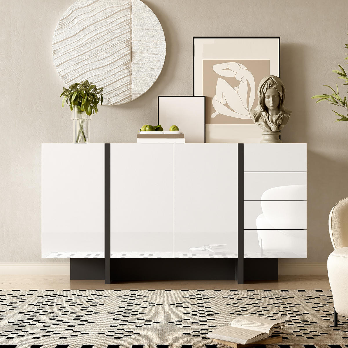 SIDEBOARD Anrichte mit Hochglanz-Oberfläche 2 Türen 4 Schubladen Weiß - Schwarz/Weiß, Holzwerkstoff/Metall (150/80.5/40cm) - EVRYAE