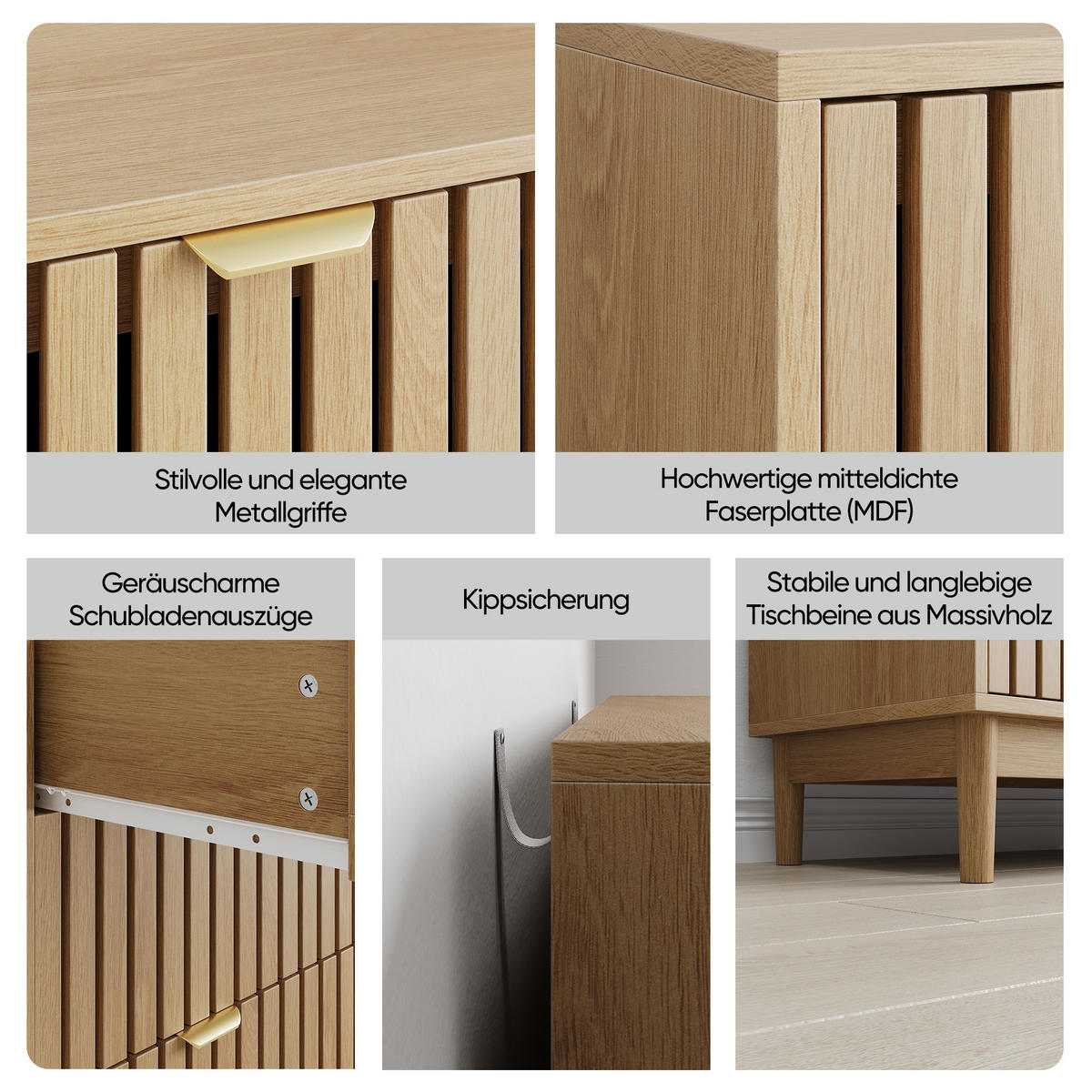 SIDEBOARD eichen-optik & latten-design mit 3 schubladen & goldgriffen - Eichefarben, Holzwerkstoff (80/80/39cm) - Urban Meuble