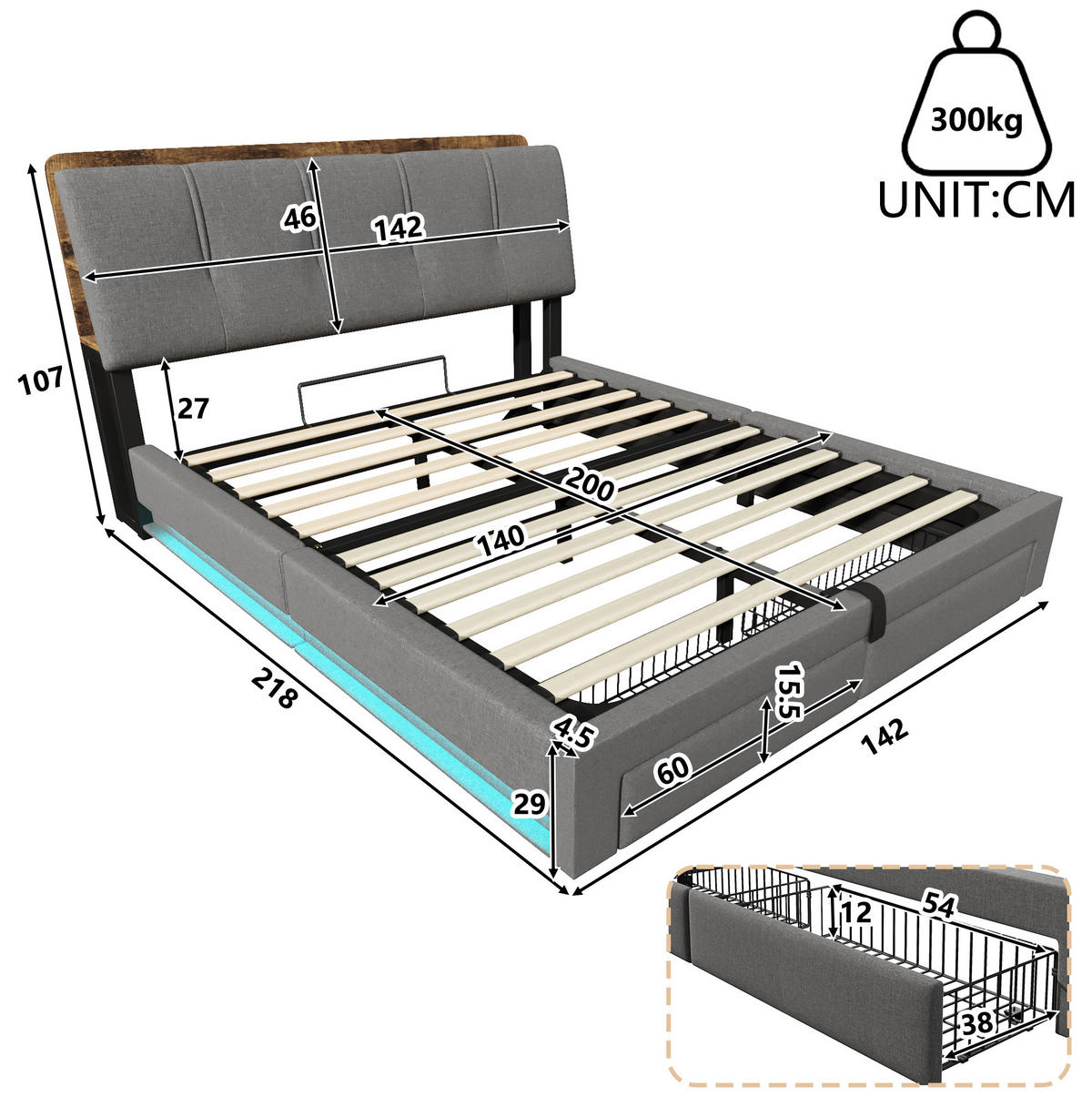 POLSTERBETT mit Bettkasten 140x200 cm Leinen Grau mit USB/Typ-C und LED - Grau, Metall (140/200cm) - Meubliv