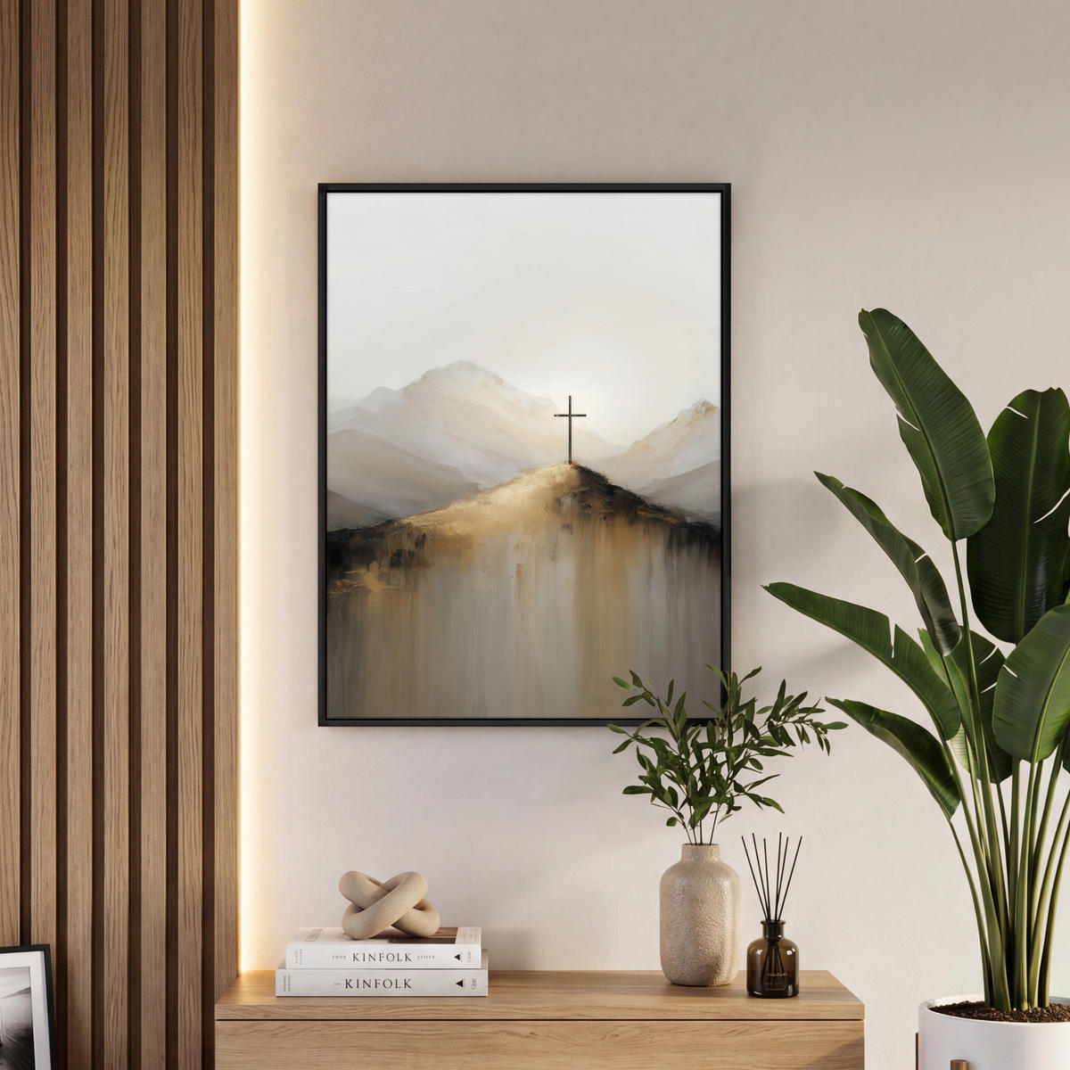 LEINWAND Bilder mit Rahmen - Hügel - Abstrakt - Kreuz - Christentum - 60x80 - Beige, Textil (60/80cm) - MuchoWow