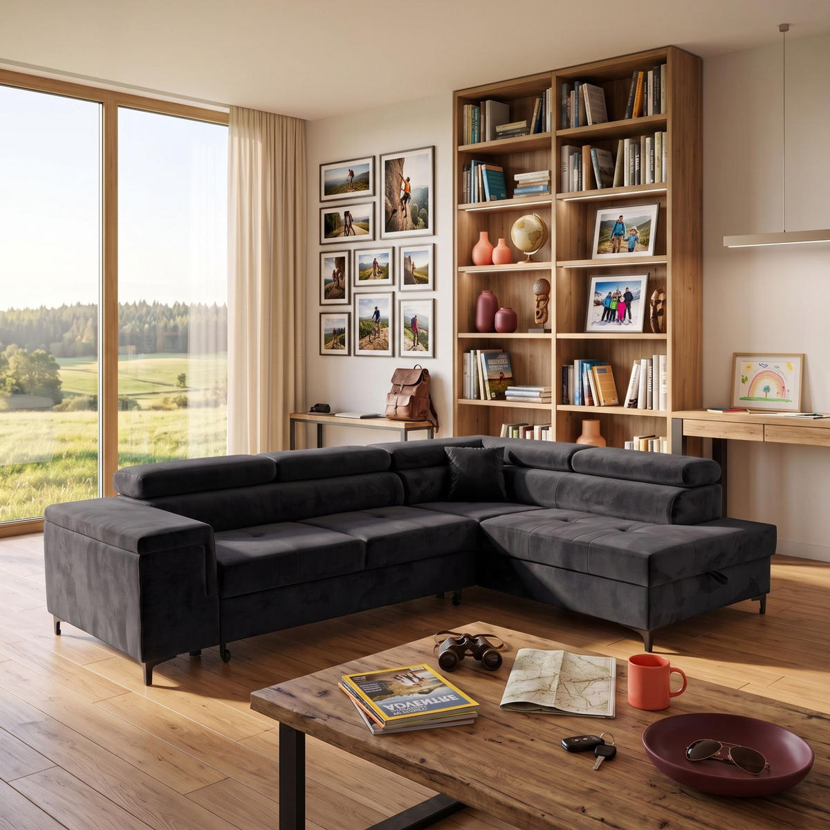 ECKSOFA WILLIAM L Rechts mit Schlaffunktion 127x195 Velours Schwarz - Silberfarben/Schwarz, Holz/Textil (203/275cm) - Muffo