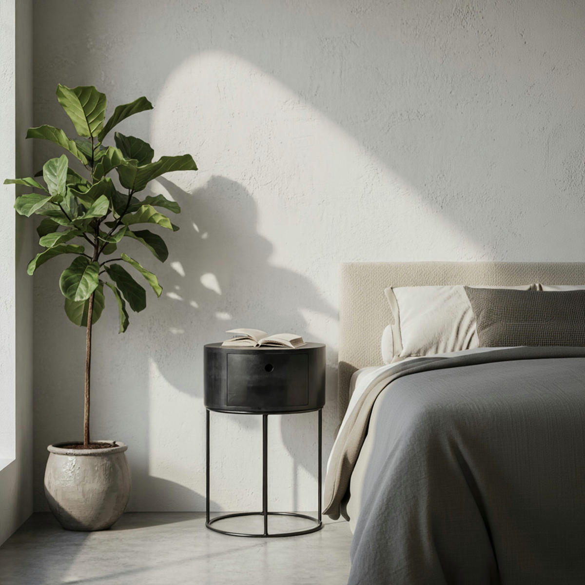 NACHTTISCH Mango Massivholz Metall Rund Schublade Stauraum, Schwarz 40x40x60 cm - Schwarz, Holz/Metall (40/60/40cm) - KADIMA DESIGN