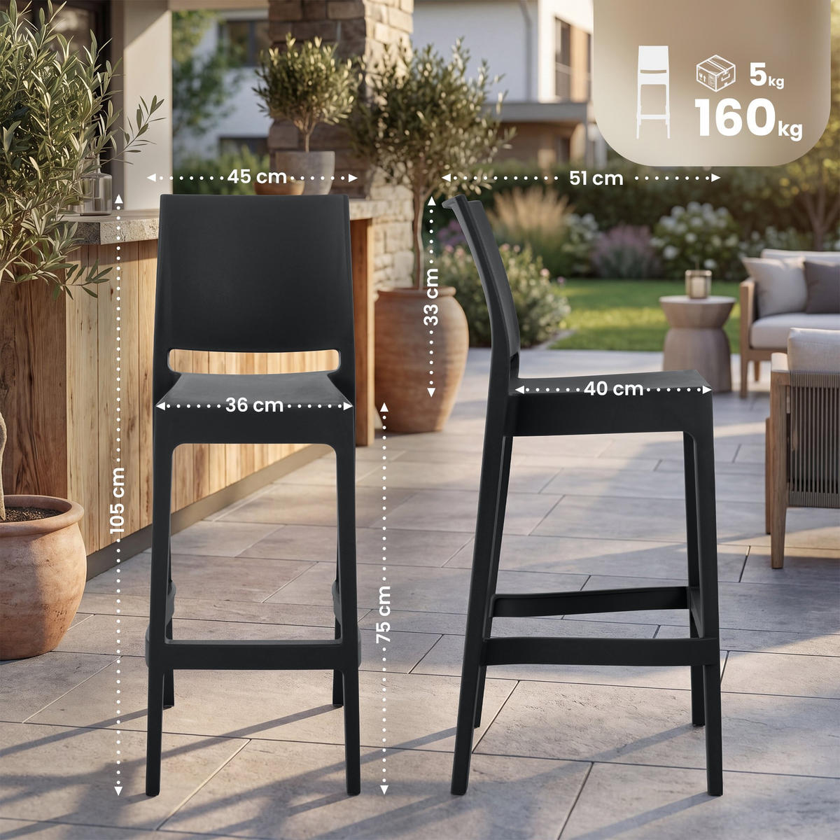 BARHOCKER 4er Set Kunststoff schwarz - Schwarz, Kunststoff (45/105/51cm) - CLP