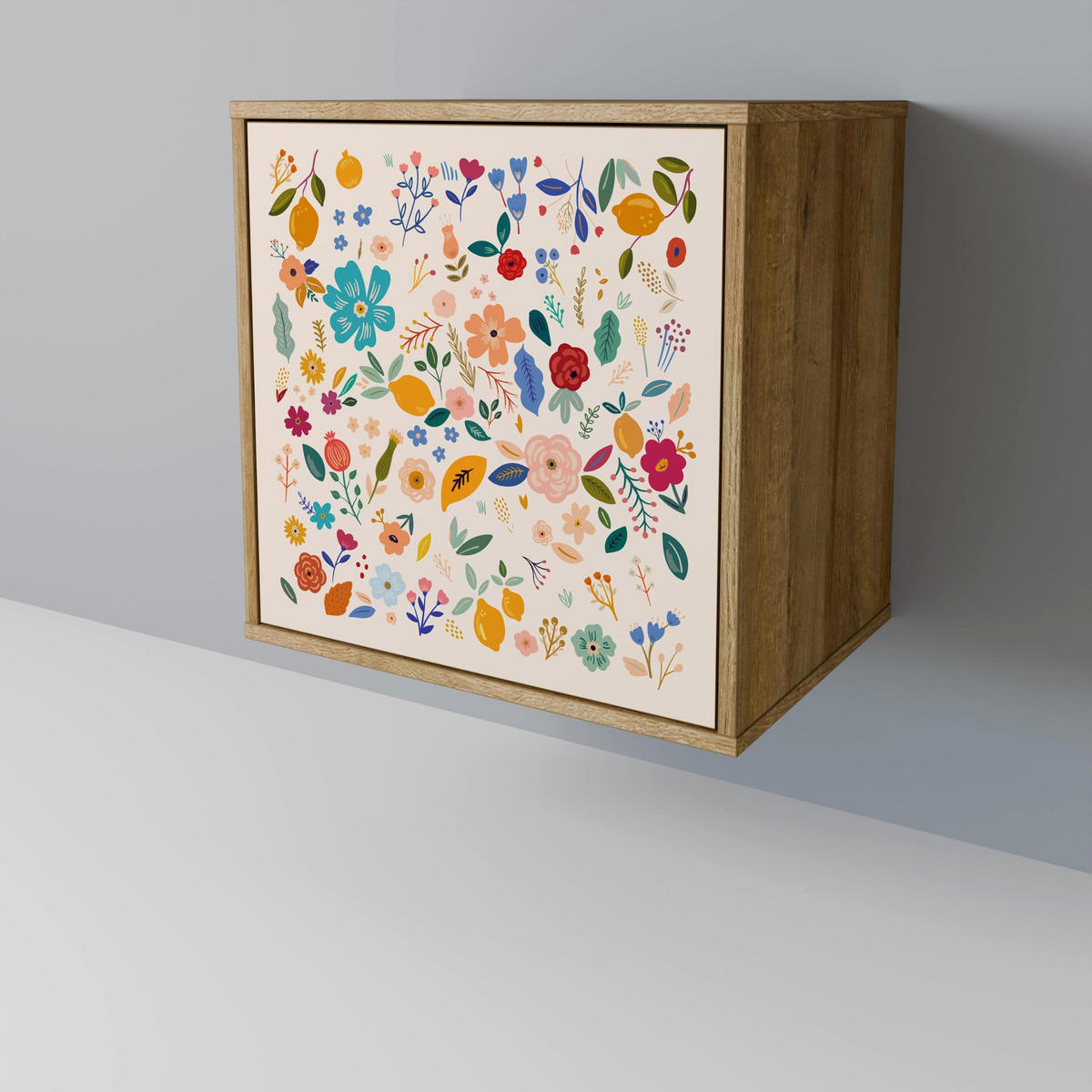 SIDEBOARD FLORAL COMBINATION, Eichefarben, 57,5x42x67,5 cm, Schwarze Metall-Rahmenfüße - Eichefarben/Multicolor, Holzwerkstoff/Metall (57.5/67.5/42cm) - SpaceRebels