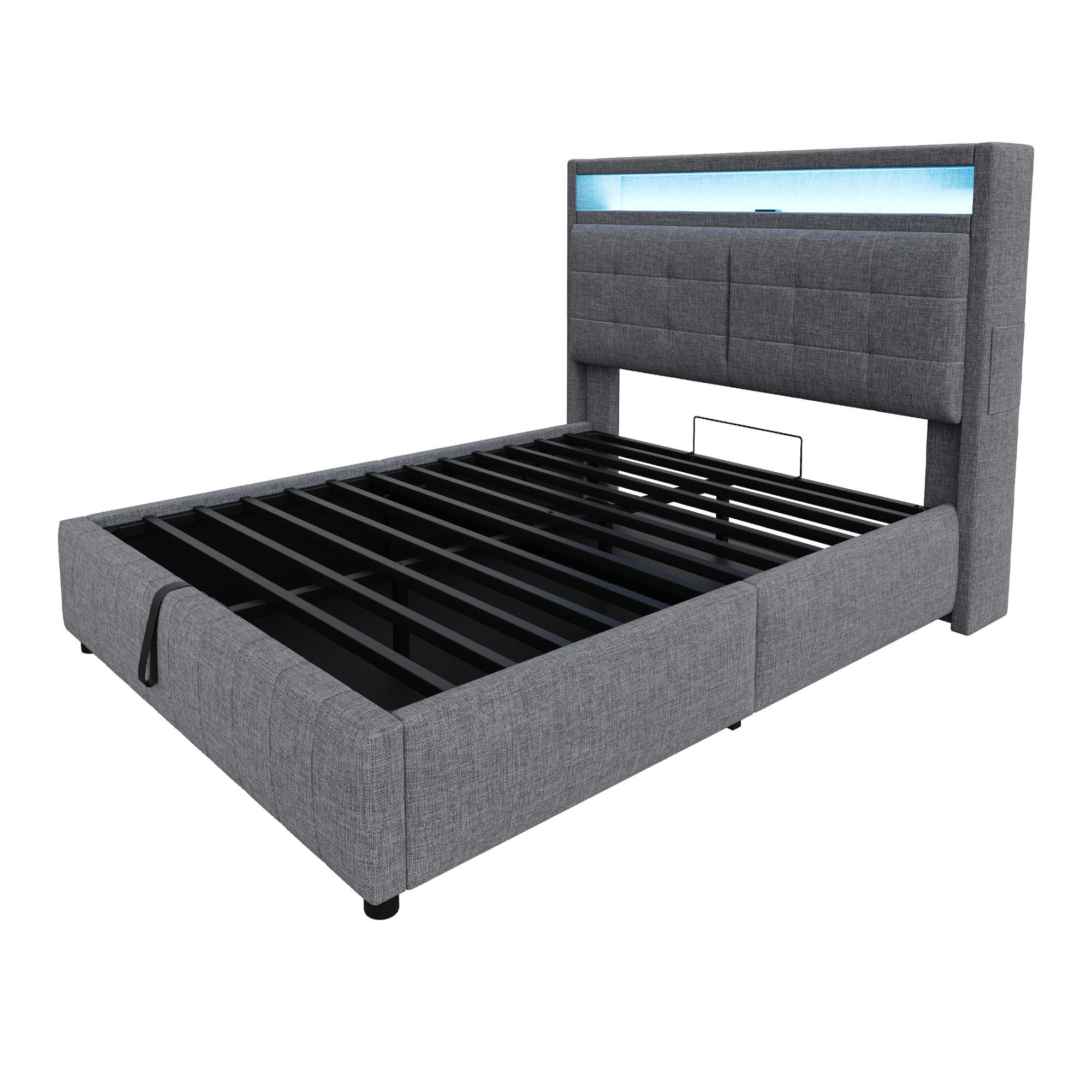 STAURRAUMBETT 140/200 cm DE-01955, in Grau, mit LED, USB und hydraulischem Stauraum - Grau, Metall (140/200cm) - ComfortXL
