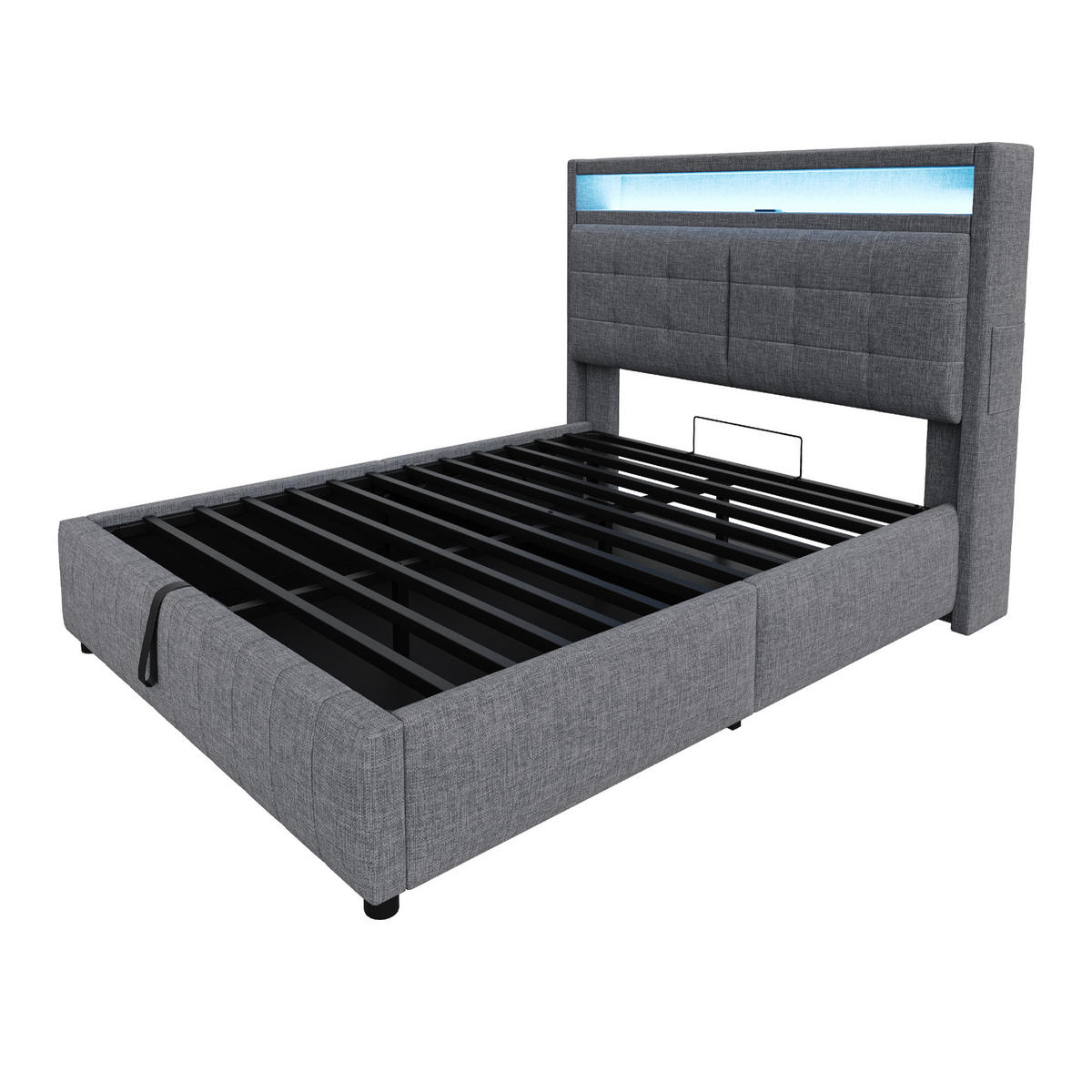 POLSTERBETT 140/200 cm grau mit LED-Beleuchtung und USB-Steckdose, Kopfteil mit Ablagen - Grau, Textil (140/200cm) - OKWISH