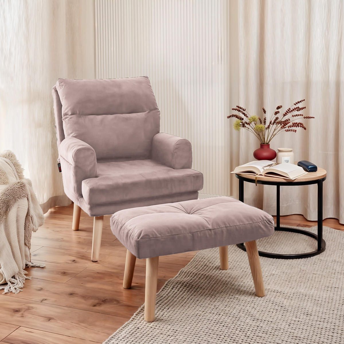 RELAXSESSEL NEMO mit Hocker und Holzfüßen - Rosa, Holz (65/95/65cm) - Idohome
