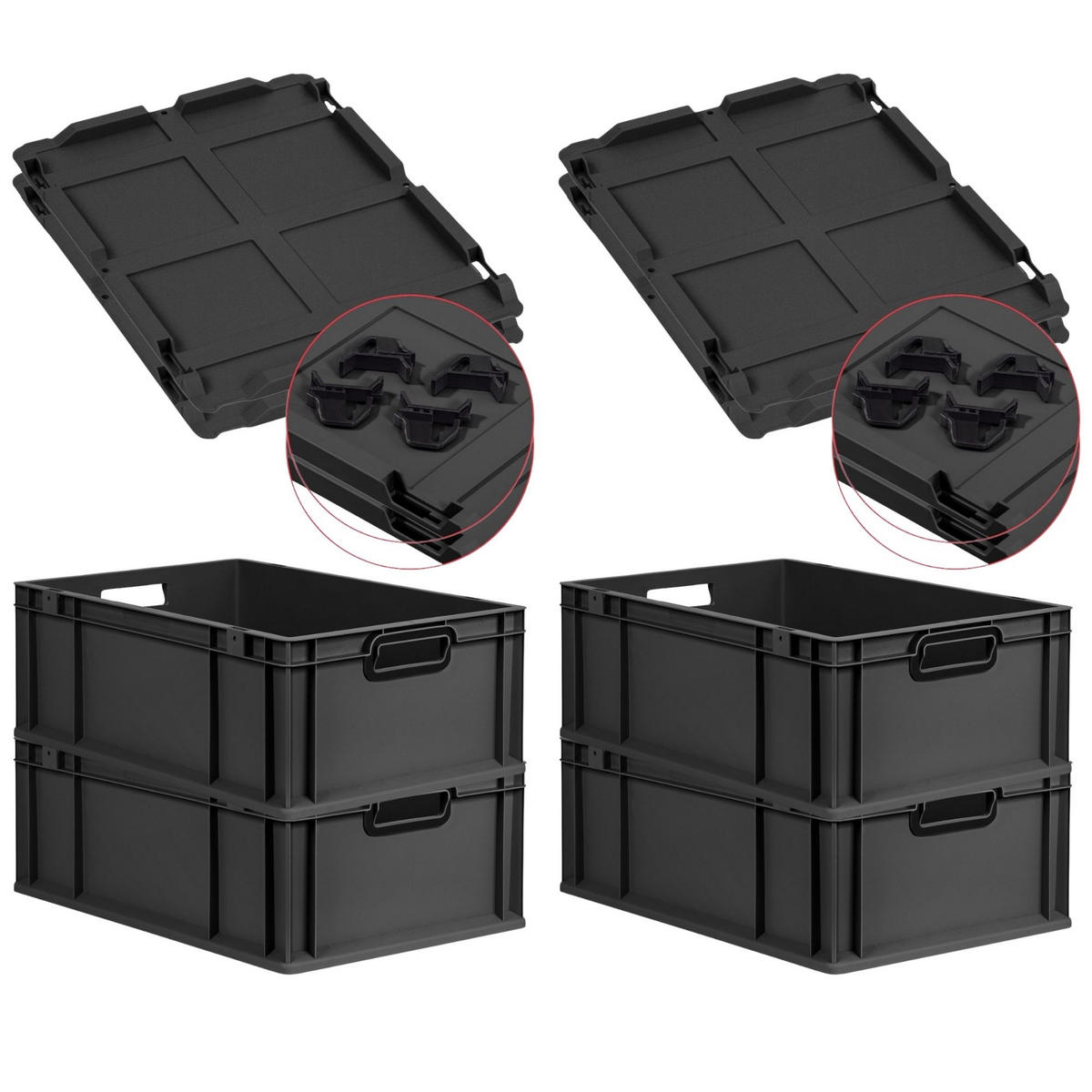 EUROBOX 4x NextGen Color mit Auflagedeckel 22x40x60 cm 44 Liter Schwarz Griffe schwarz offen - Anthrazit/Schwarz, Kunststoff (40/22/60cm) - PROREGAL