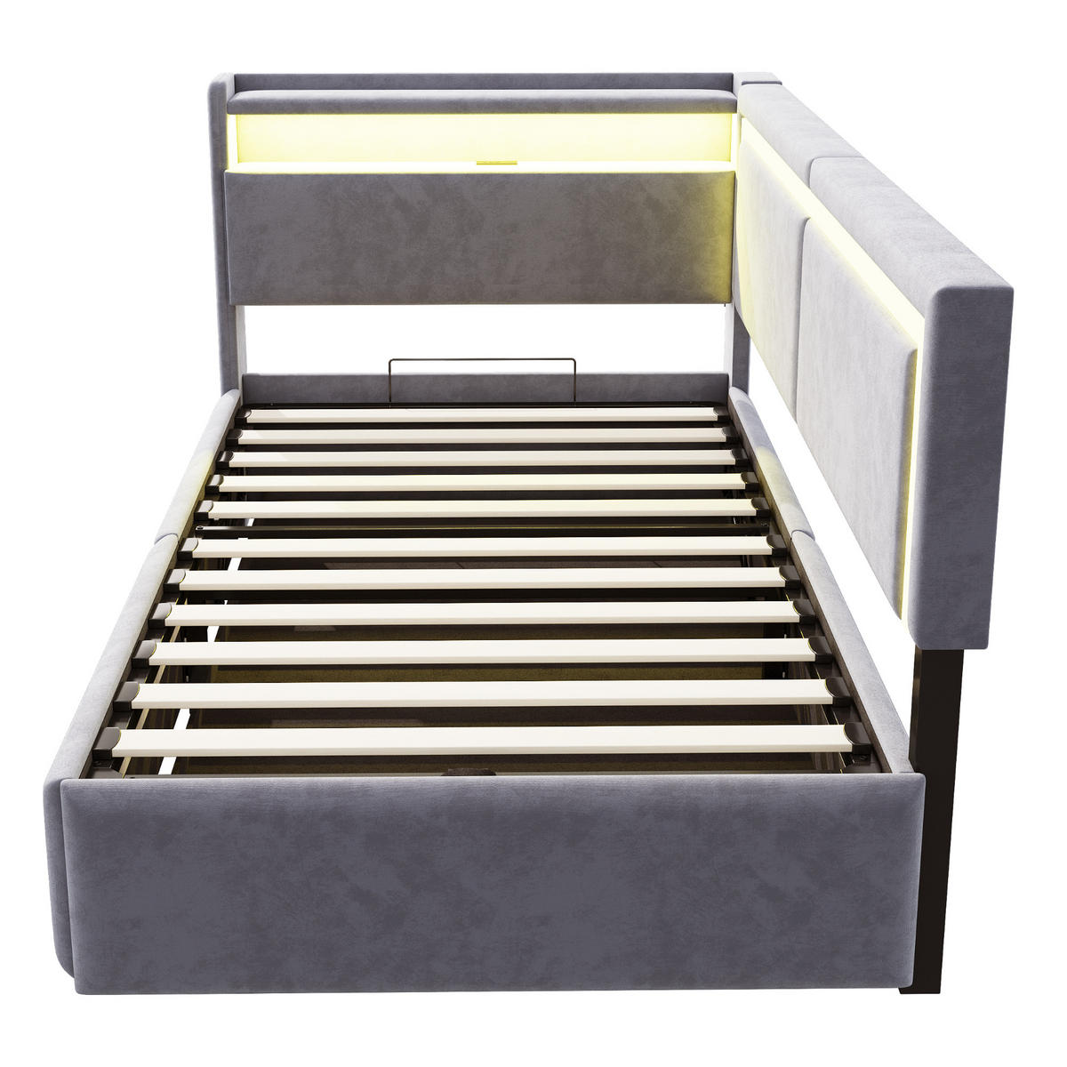 STAURRAUMBETT 90/200 cm DE-02139, in Hellgrau, mit LED, USB und Hydraulik - Hellgrau, Metall (90/200cm) - ComfortXL