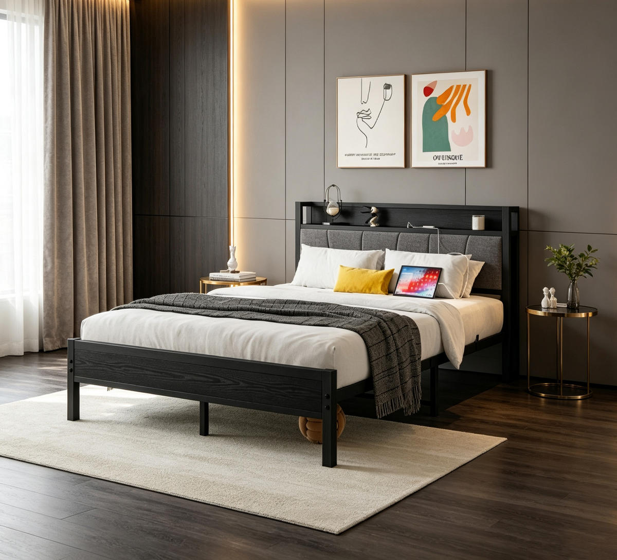 METALLBETT 90/200 cm in Schwarz aus Metall mit Stauraum und MDF-Kopfteil - Schwarz, Metall (90/200cm) - Flora Grace