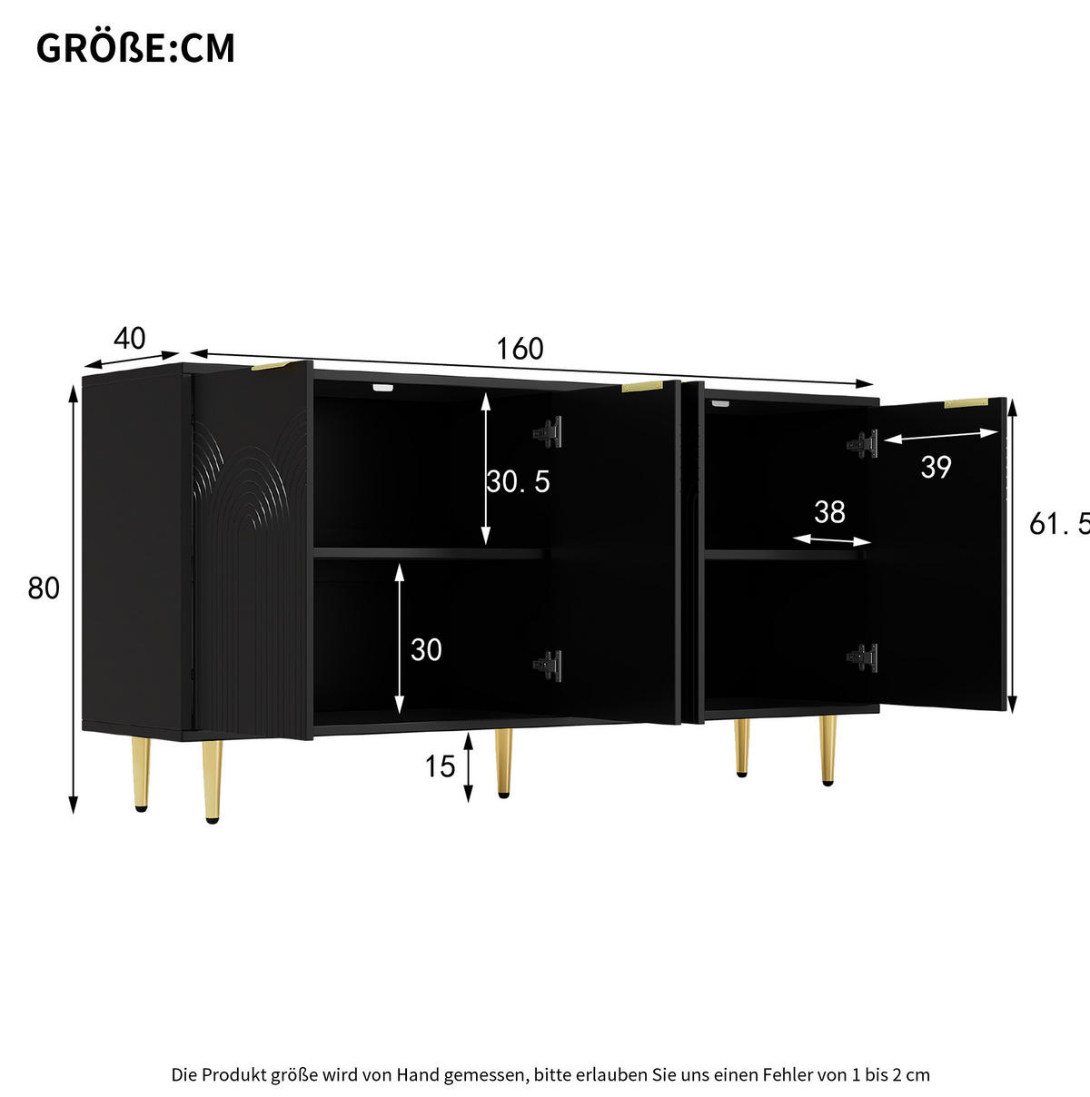 SIDEBOARD 160/40/80 cm mit 4 Türen, verstellbaren Einlegeböden und Soft-Close-Scharnieren, MDF/Spanplatte, Schwarz - Schwarz, Holzwerkstoff (160/80/40cm) - Redom