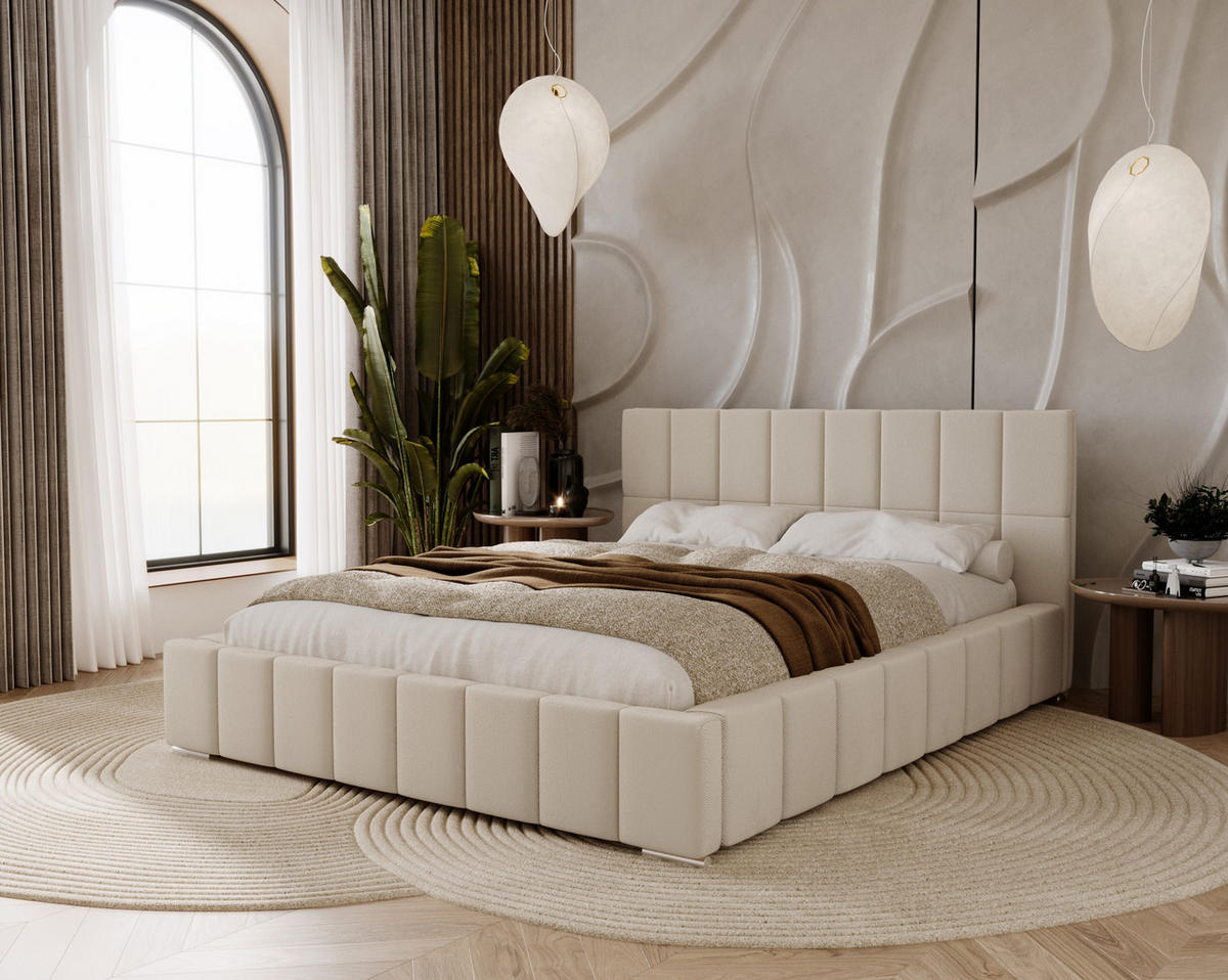 POLSTERBETT Alma 160x200 cm, Doppelbett mit Bettkasten und Lattenrost aus Holz, Velourstoff: Beige - Beige, Holz/Textil (160/200cm) - Marpur