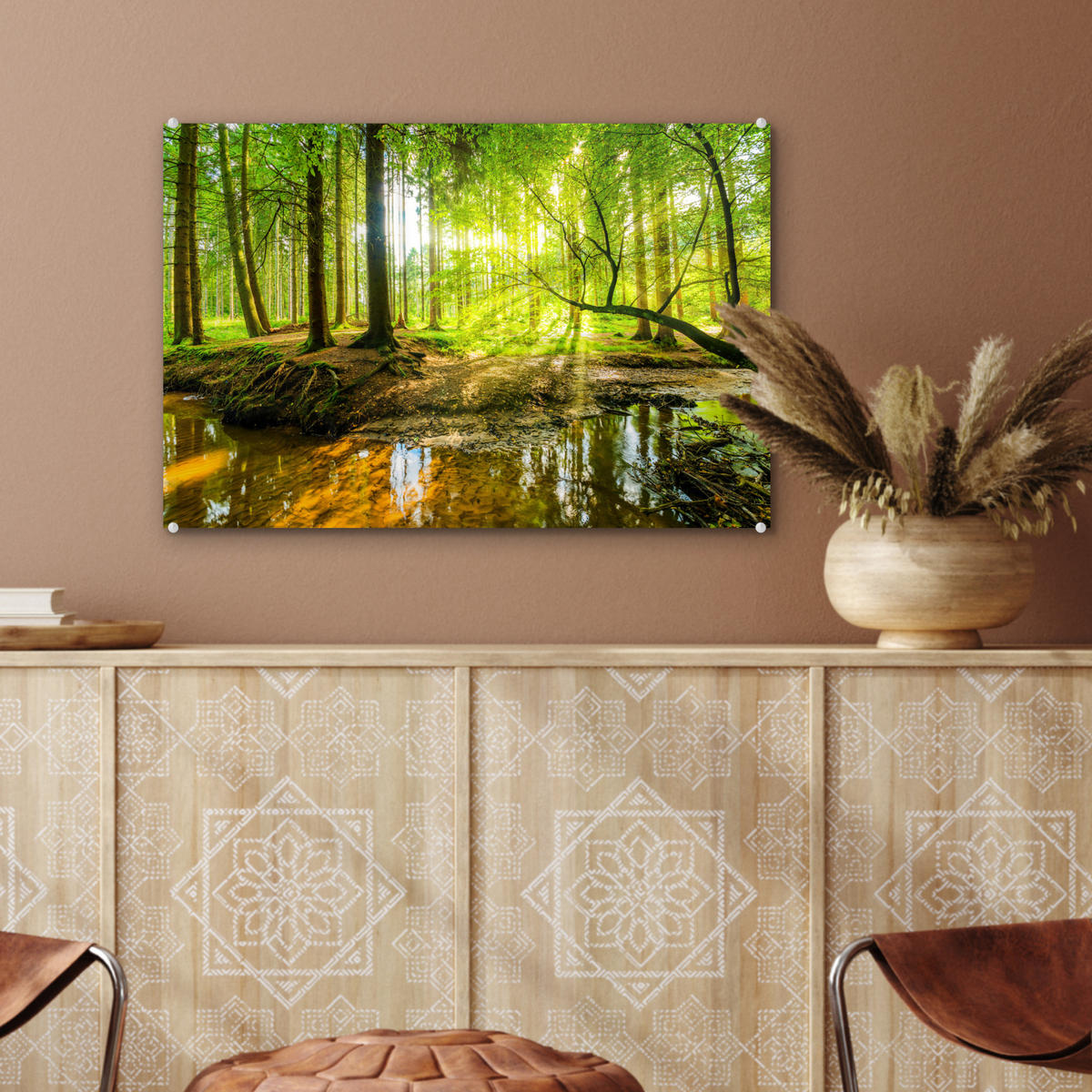 ACRYLGLASBILD Wald - Landschaft - Wasser - Bäume - Sonne - Grün - Natur 60x40 cm - Grün, Glas (60/40cm) - MuchoWow