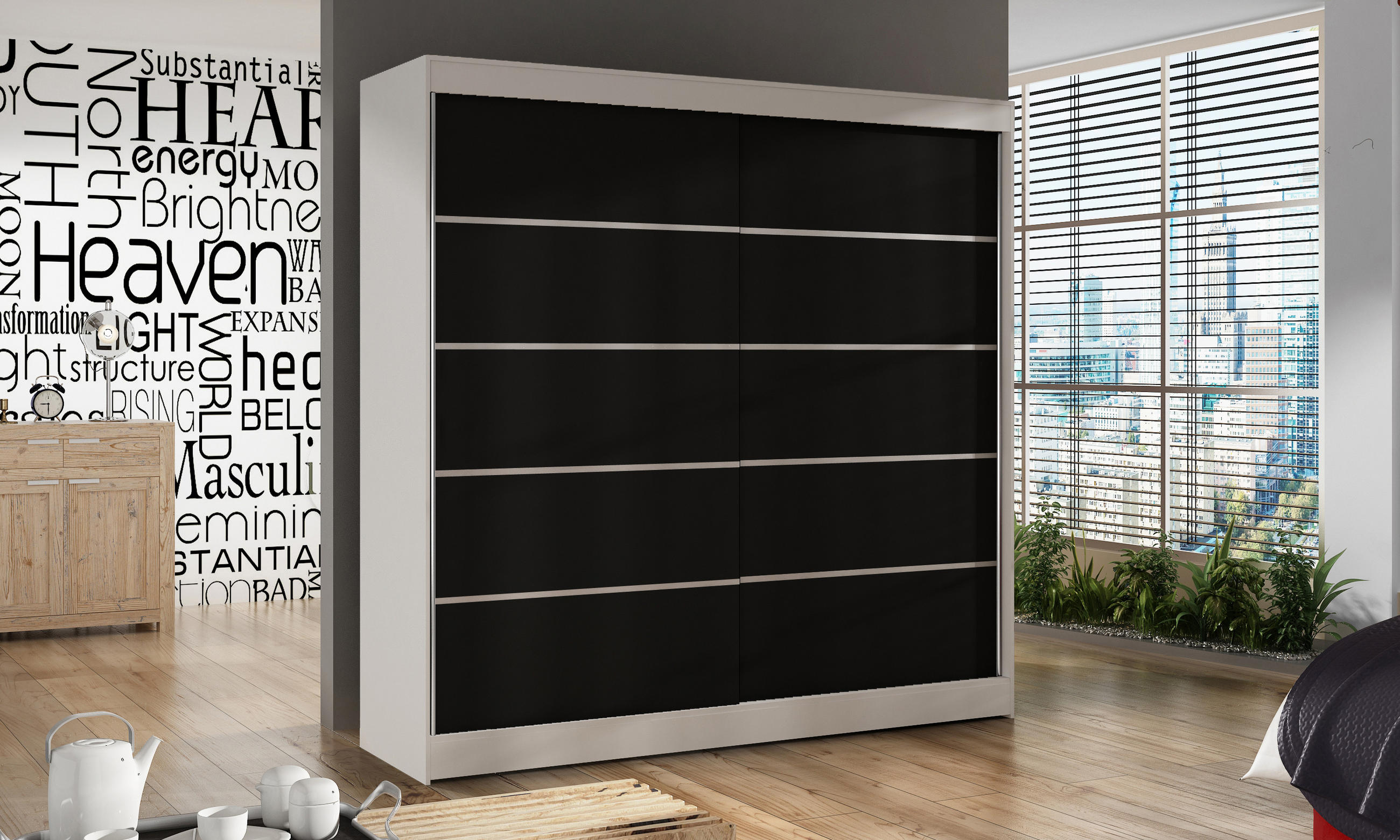 SCHWEBETÜRENSCHRANK Basti IV - 200 cm - Schwarz/Weiß, Holzwerkstoff/Metall (200/215/58cm) - Sofnet