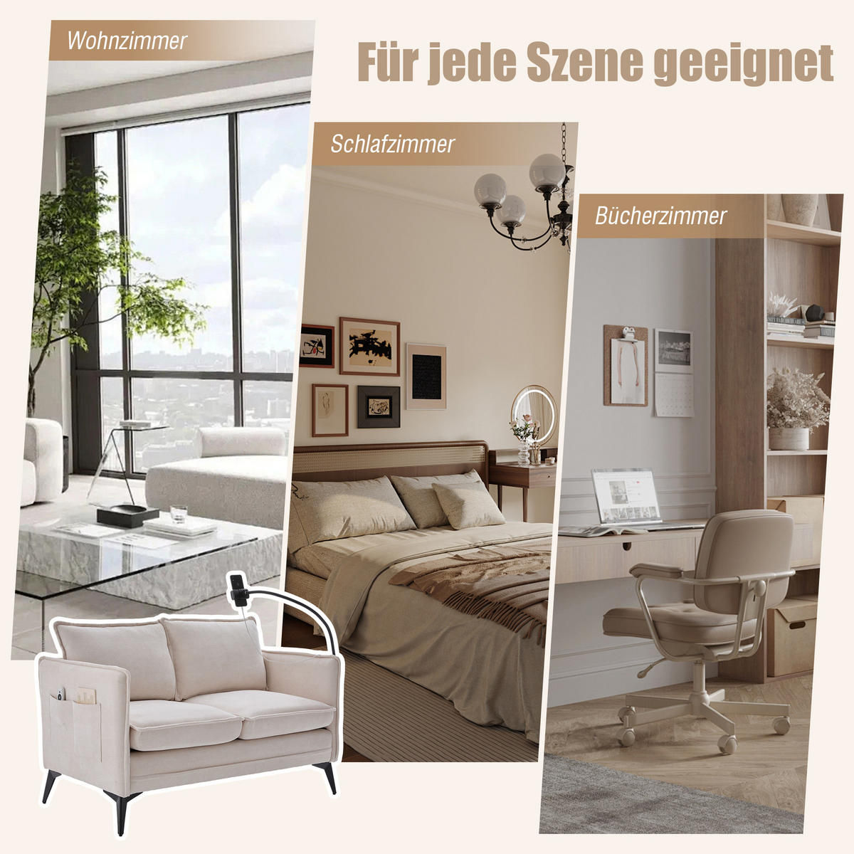 2-SITZER Sofa Chenille mit Handyhalter und Seitentaschen 127/69/66 cm Beige - Beige, Textil (66/127/69cm) - Redom