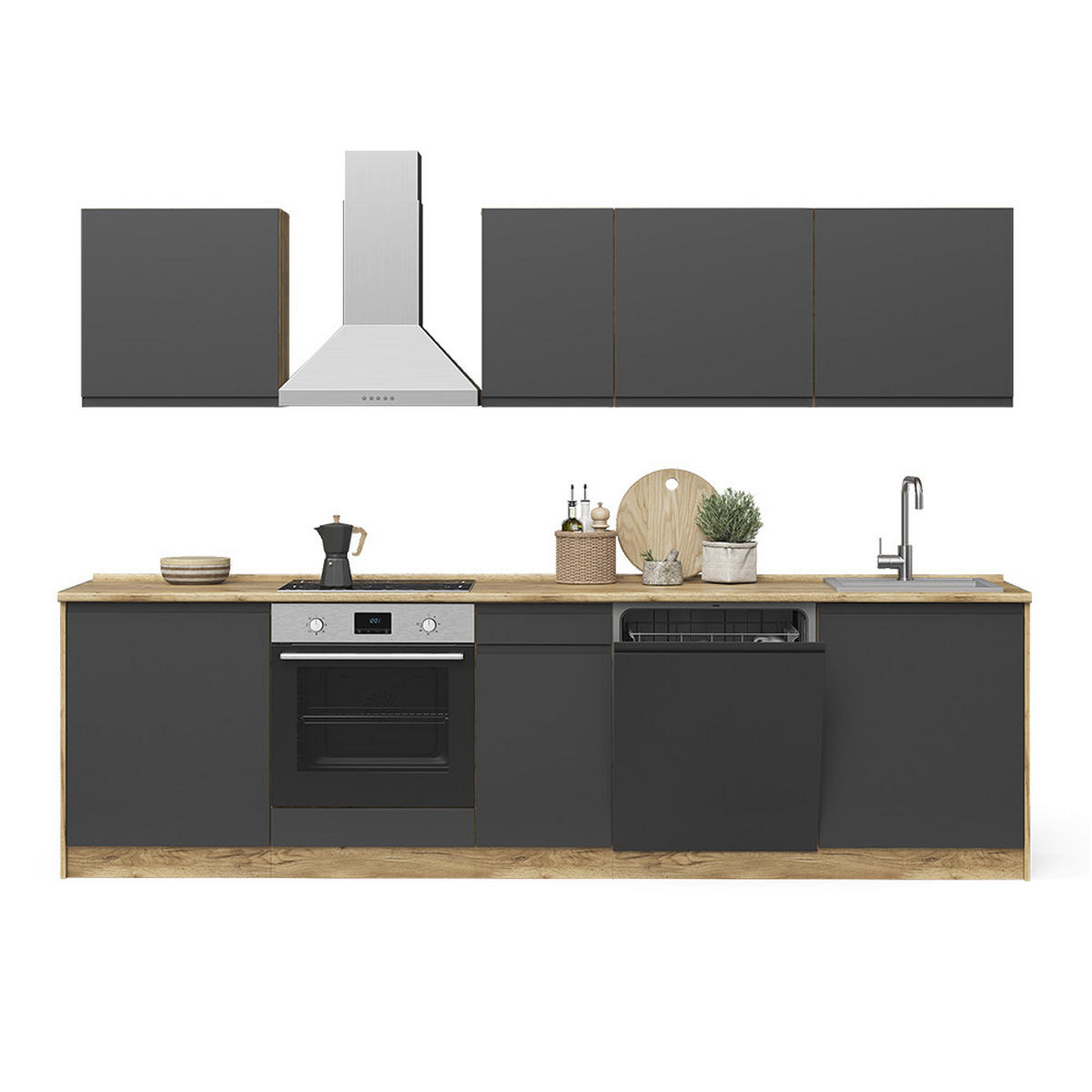 KÜCHENZEILE R-Line, Anthrazit/Goldkraft Eiche, 280 cm Arbeitsplatte Weiß - Eichefarben/Anthrazit, Holzwerkstoff (280/206.8/60cm) - Vicco